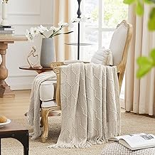 KASYLAN Diamond Knitted Throw Blanket Textured Solid Soft Sofa Throw Couch Knitted Decorative Blanket, 50"x60" Beige CA