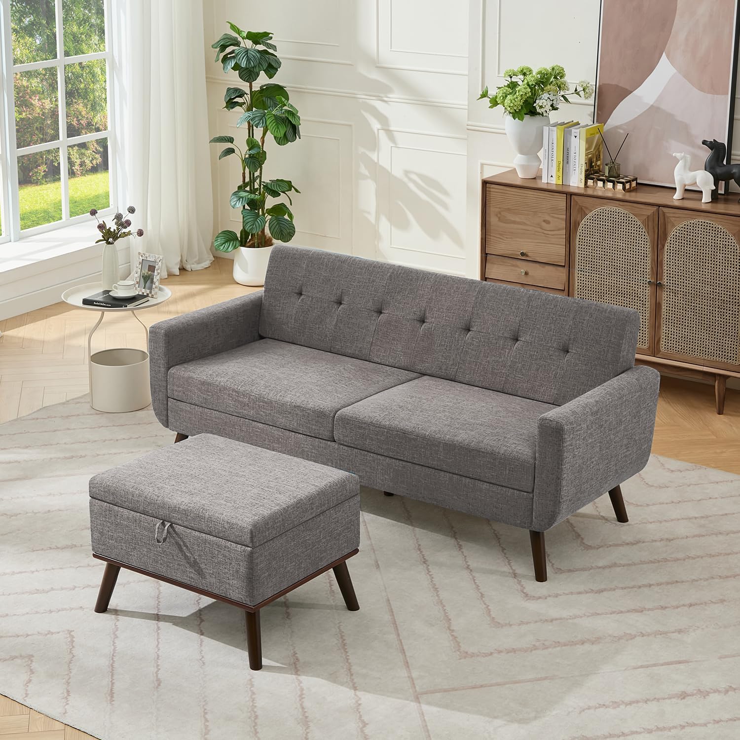 Tbfit Mid Century Modern Sofa Couch, Gray, Standard Sofa & Ottoman | linen fabric, button tufted, solid wood foot, pocket spring, wood slats frame