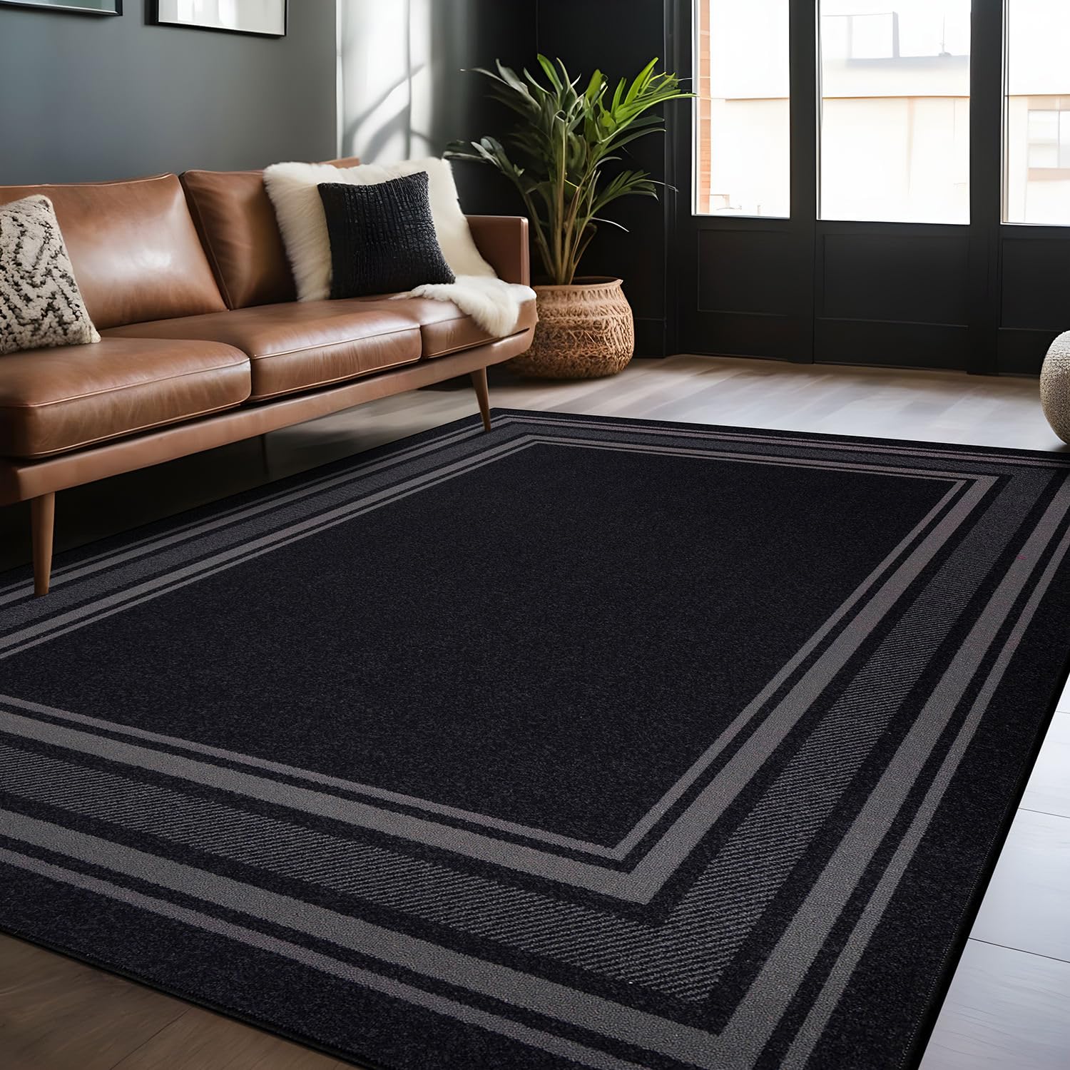 Modern Bordered Non Slip Indoor Rugs for Living Room 5x7 Area Rugs for Kitchen, Rug for Bedroom, and Hallway, Stain Resistant Easy Cleaning Non Shedding Black 5 x 7