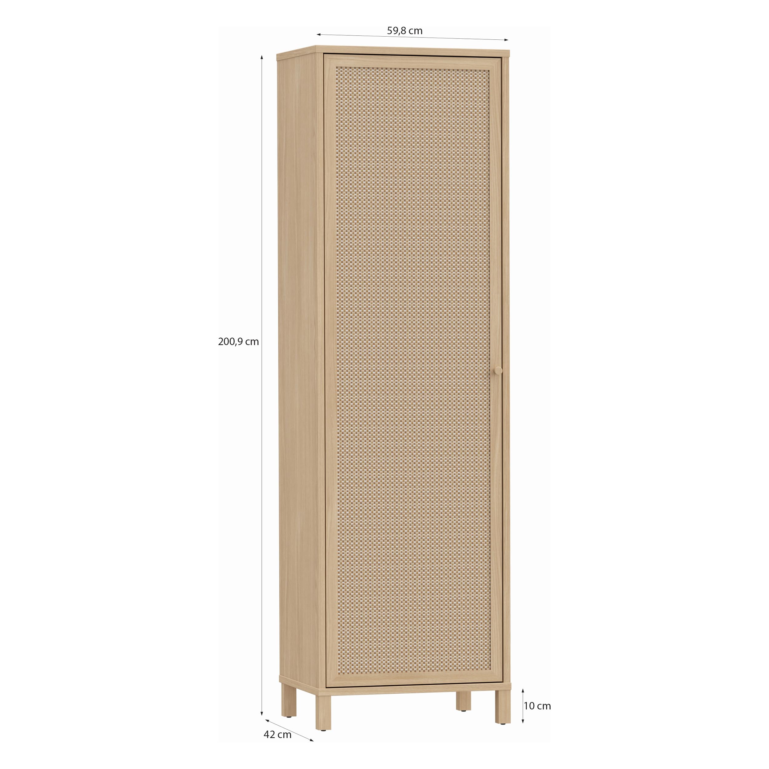 Forte SKELBIT Schrank 60, schmaler Schrank im Boho-Stil, 1-türig, Mehrzweckschrank, Holzwerkstoff, Flur, Wohnzimmer, Elegancia Eiche Holzdekor|Technorattan, 59,8 mc breit x 200,9 cm hoch x 42 cm tief