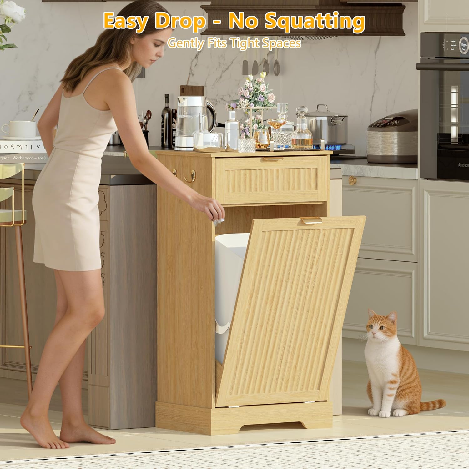 Single 13 Gallon Tilt Out Trash Can Cabinet, Farmhouse Wooden Trash Cabinet with Drawer, Hidden Garbage Can Cabinet with Hooks, Fluted Kitchen Trash Cabinet for Dining Room,Natural Oak