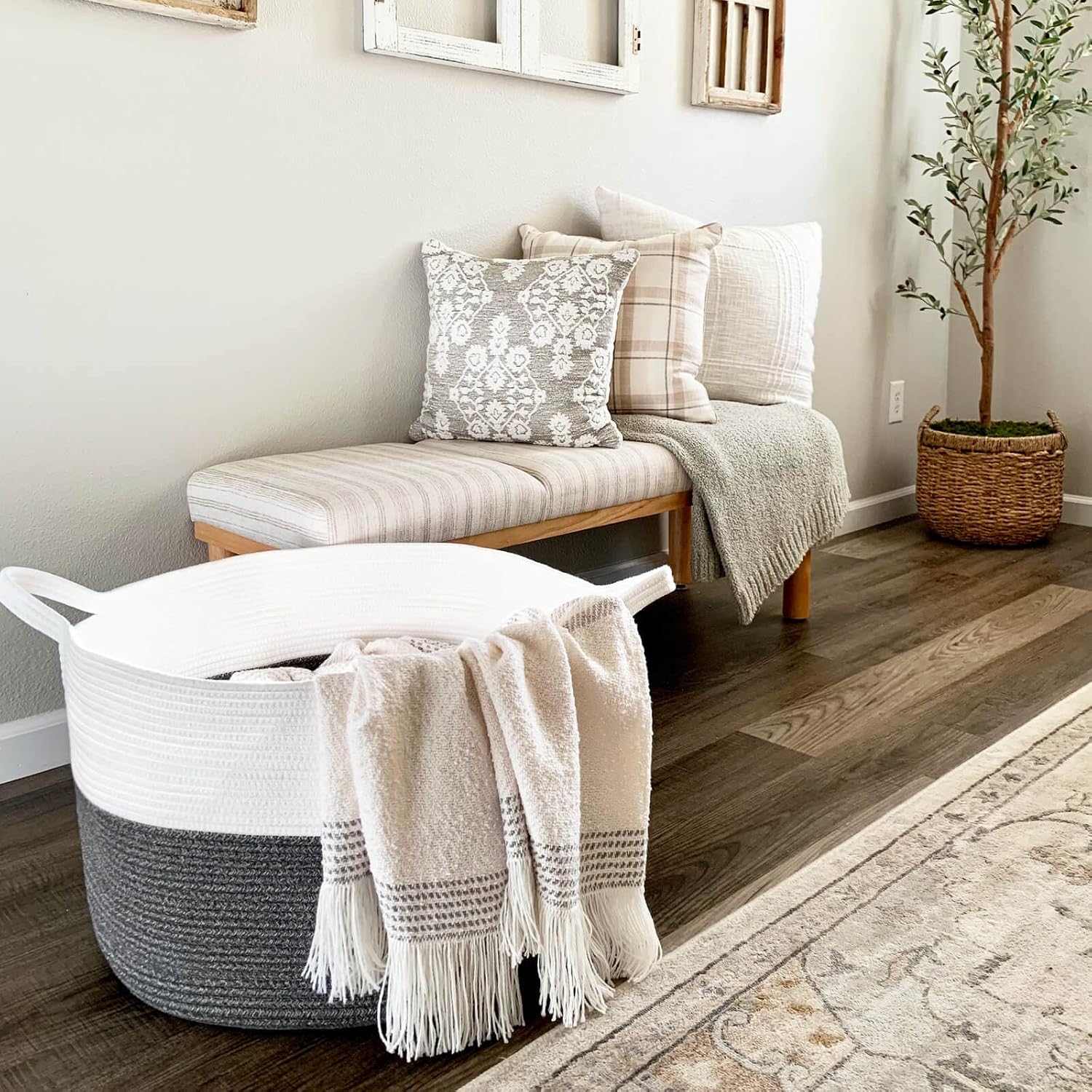 INDRESSME XXXLarge Cotton Rope Basket 21.7" x 21.7" x 13.8" Woven Baby Laundry Basket Blanket Basket Toy Basket with Handle Storage Comforter Cushions Gray Laundry Hamper