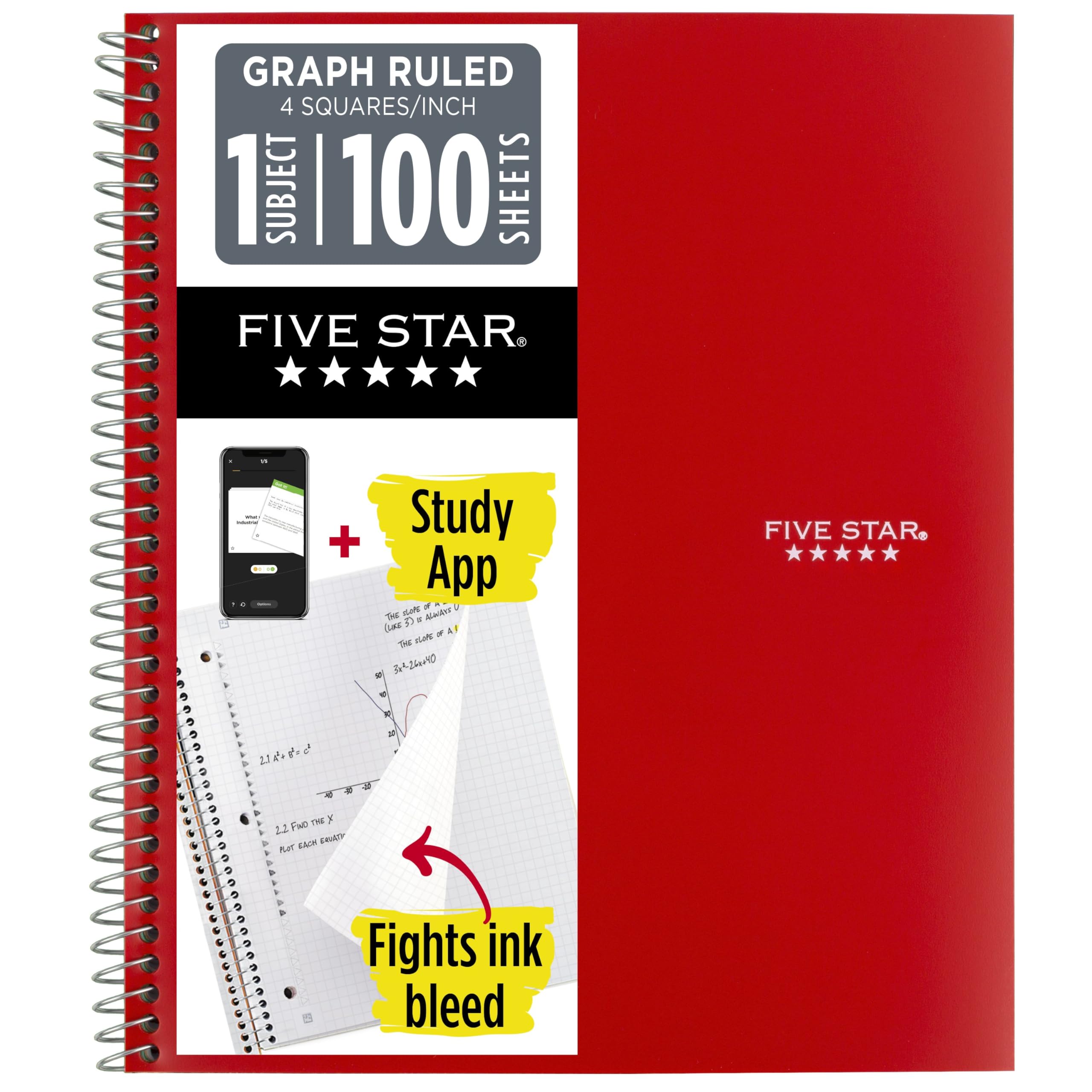 Five Star Spiral Notebook + Study App, 1 Subject, Graph Ruled Paper, 8-1/2" x 11", 100 Sheets, Fights Ink Bleed, Water Resistant Cover, Fire Red (620000D) (Pack of 12)