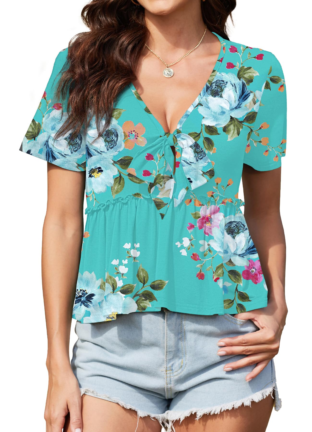 Womens Floral Tops Sexy V Neck Shirts Cute Short Sleeve Crop Tops Cutout Casual Tie Summer Blouse (Flower3,M)