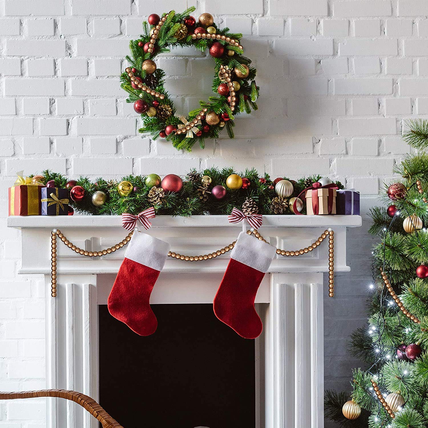 Guirlande de perles en bois de 3,7 m – Décorations pour sapin de Noël (doré)