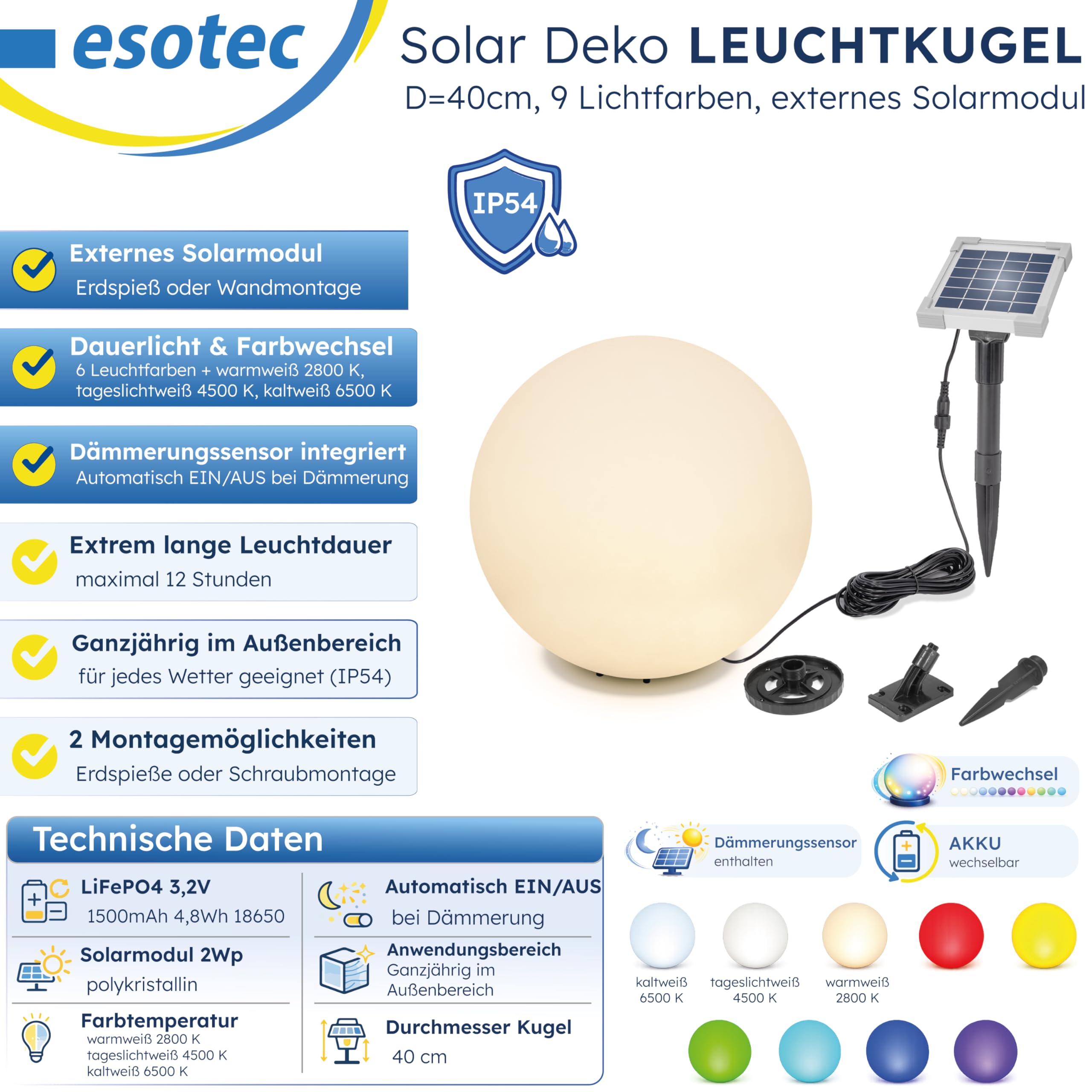 Esotec Solar Deko-Leuchtkugel, 40cm, 9 Leuchtfarben, Dauer oder Wechsellicht, Akku, Solarmodul, Erdspieß, Solarmodul-Wandhalterung, Schraubbefestigung, Solarkugel, winterfest 106111