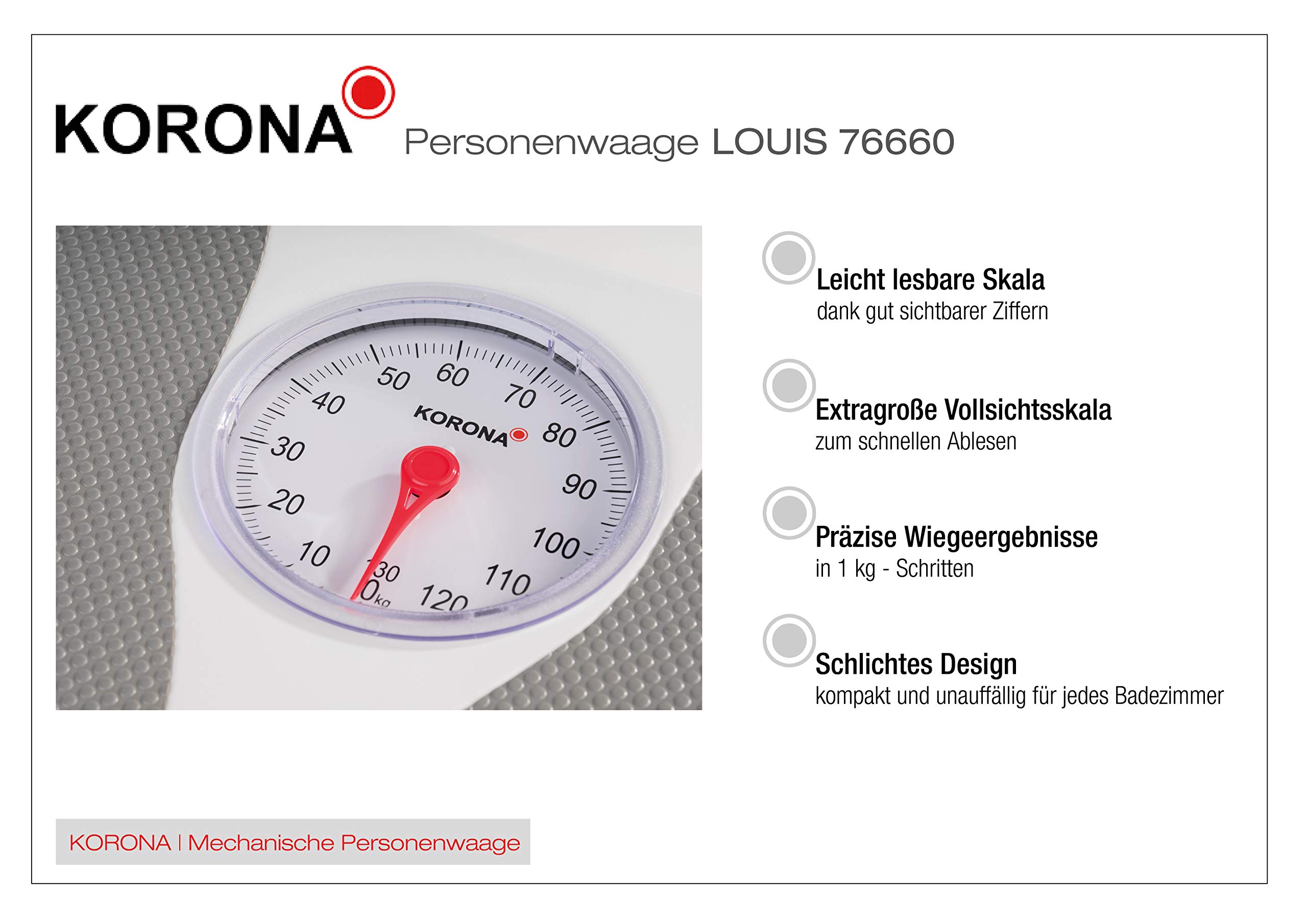 Korona 76660 Mechanische Personenwaage Louis in Weiß - Präzise Körperwaage für Personen bis zu 130 kg - Analoge Waage