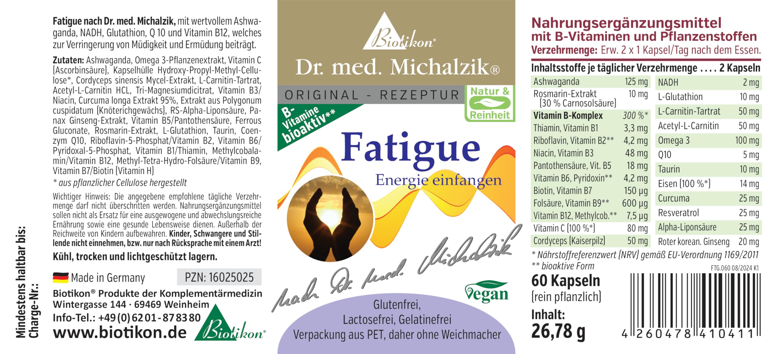 Fatigue nach Dr. Michalzik, 125 mg Ashwagandha, 2 mg NADH, 60 Kapseln | Mit Ashwagandha, NADH, L-Glutathion und Q10 • vegane Kapseln • eigene deutsche Produktion • ohne Zusätze