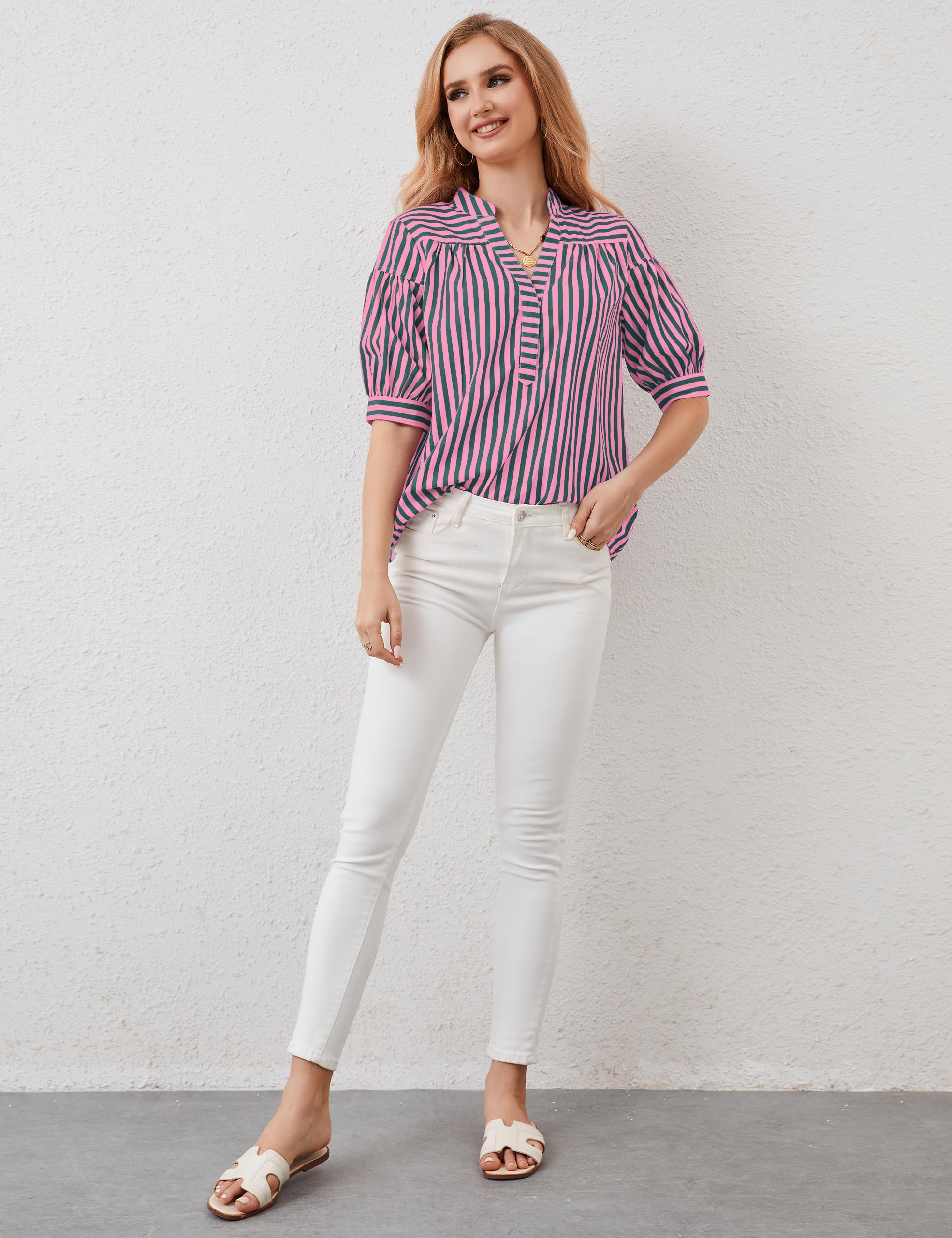 Camicetta da donna a righe a maniche corte a sbuffo top con scollo a V vestibilità ampia casual estiva da lavoro camicetta a righe