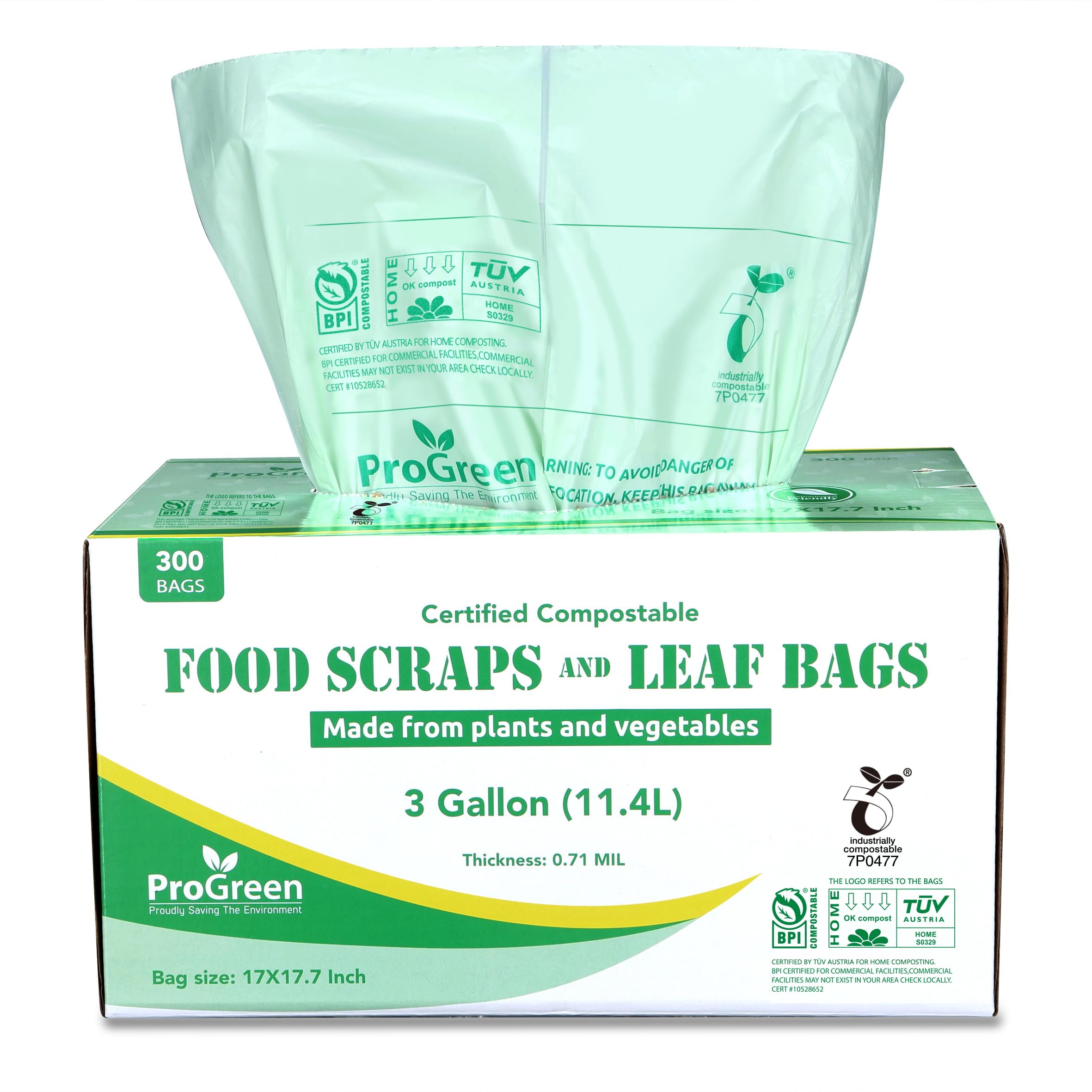 progreen compostable bags 3 gallon, extra thick 0.71 mil, 300 count, small kitchen trash bags, food scraps yard waste bags, astm d6400 bpi and tüv austria certified (300)