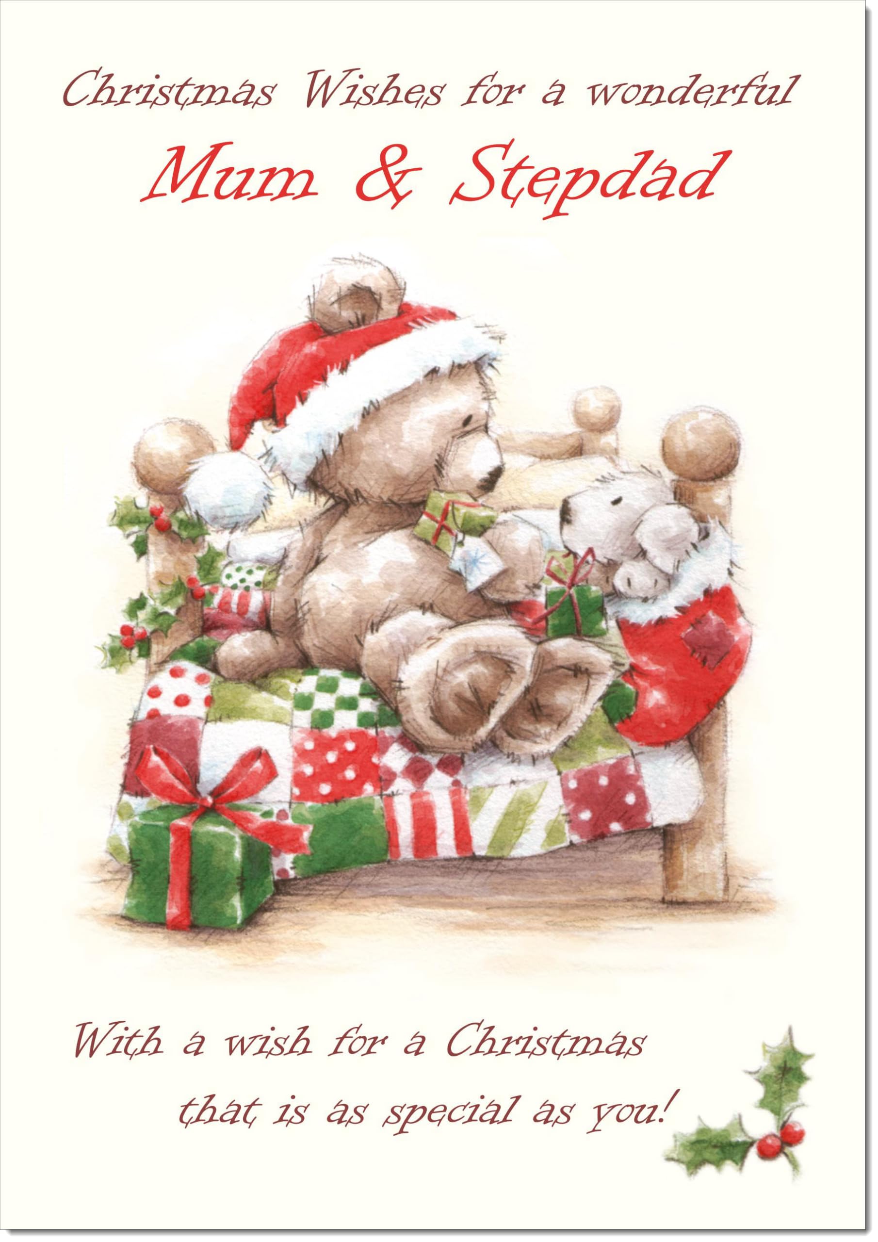 doodlecards Mum and Stepdad Christmas Card Cute Bear on Bed Large A4 Size Christmas Card for Mum & Stepdad with Plain Envelope — image 1