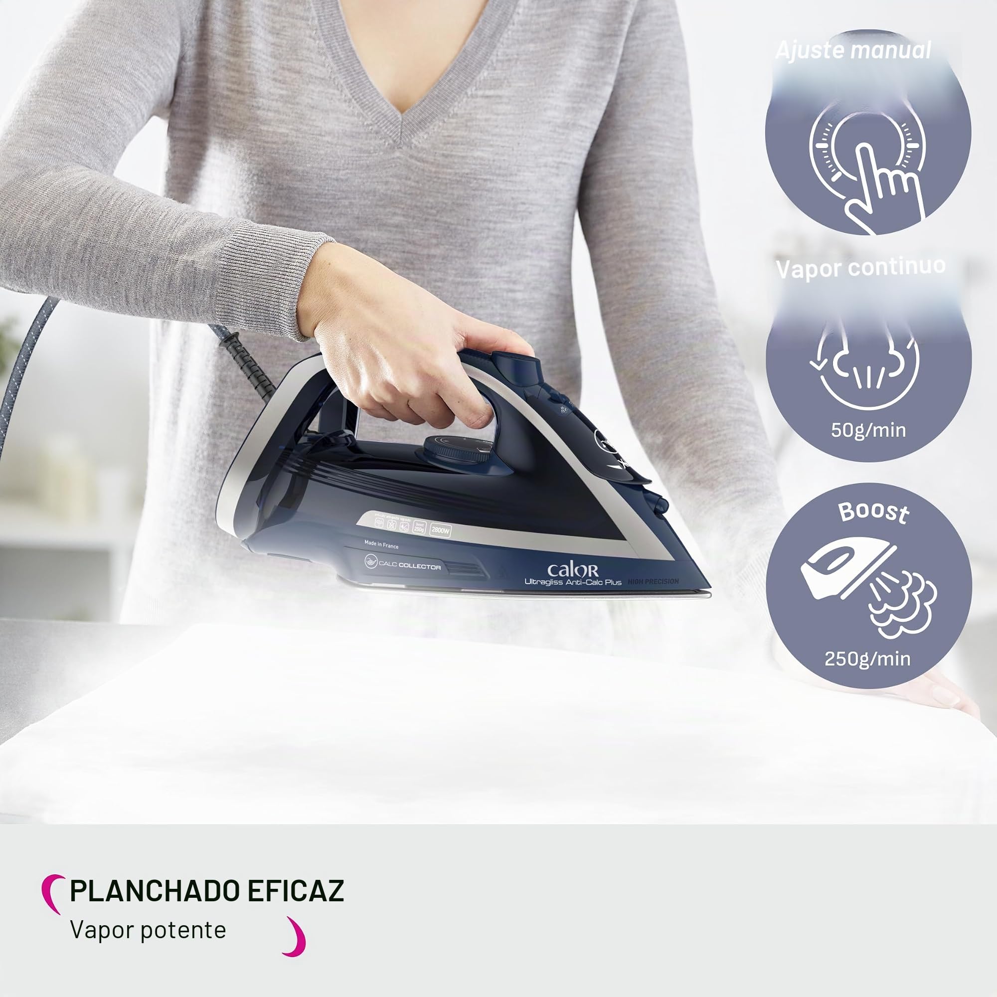Calor Plancha vapor, 2800 W, Flujo de vapor continuo 50 g/min, Función de prensado 250 g/min, Sistema antical, Modo ecológico, Ultragliss Anti-Calc Plus FV6830C0
