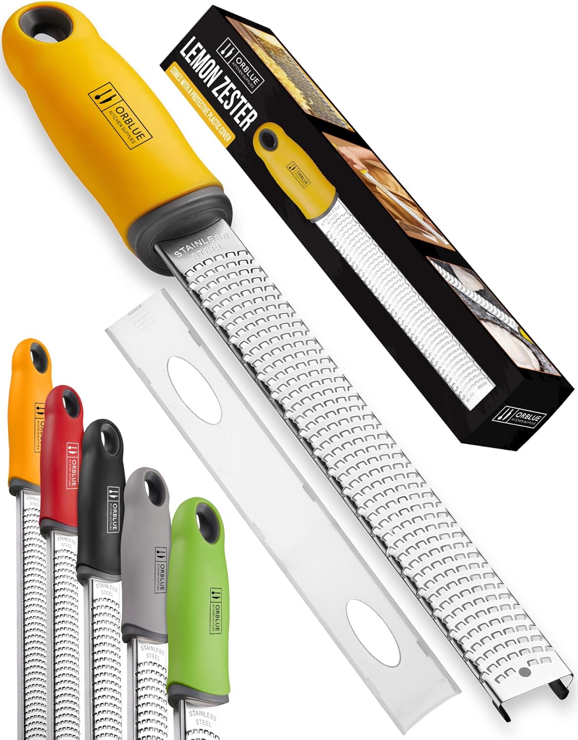 Orblue Lemon Zester & Cheese Grater – Premium Citrus Zester, Kitchen Grater for Parmesan, Chocolate, Fruits, Vegetables, Ginger, Garlic, Nutmeg – Stainless Steel Blades with Protective Cover, Yellow Orblue Lemon Zester & Cheese Grater – Premium Citrus Zester, Kitchen Grater for Parmesan, Chocolate, Fruits, Vegetables, Ginger, Garlic, Nutmeg – Stainless Steel Blades with Protective Cover, Yellow