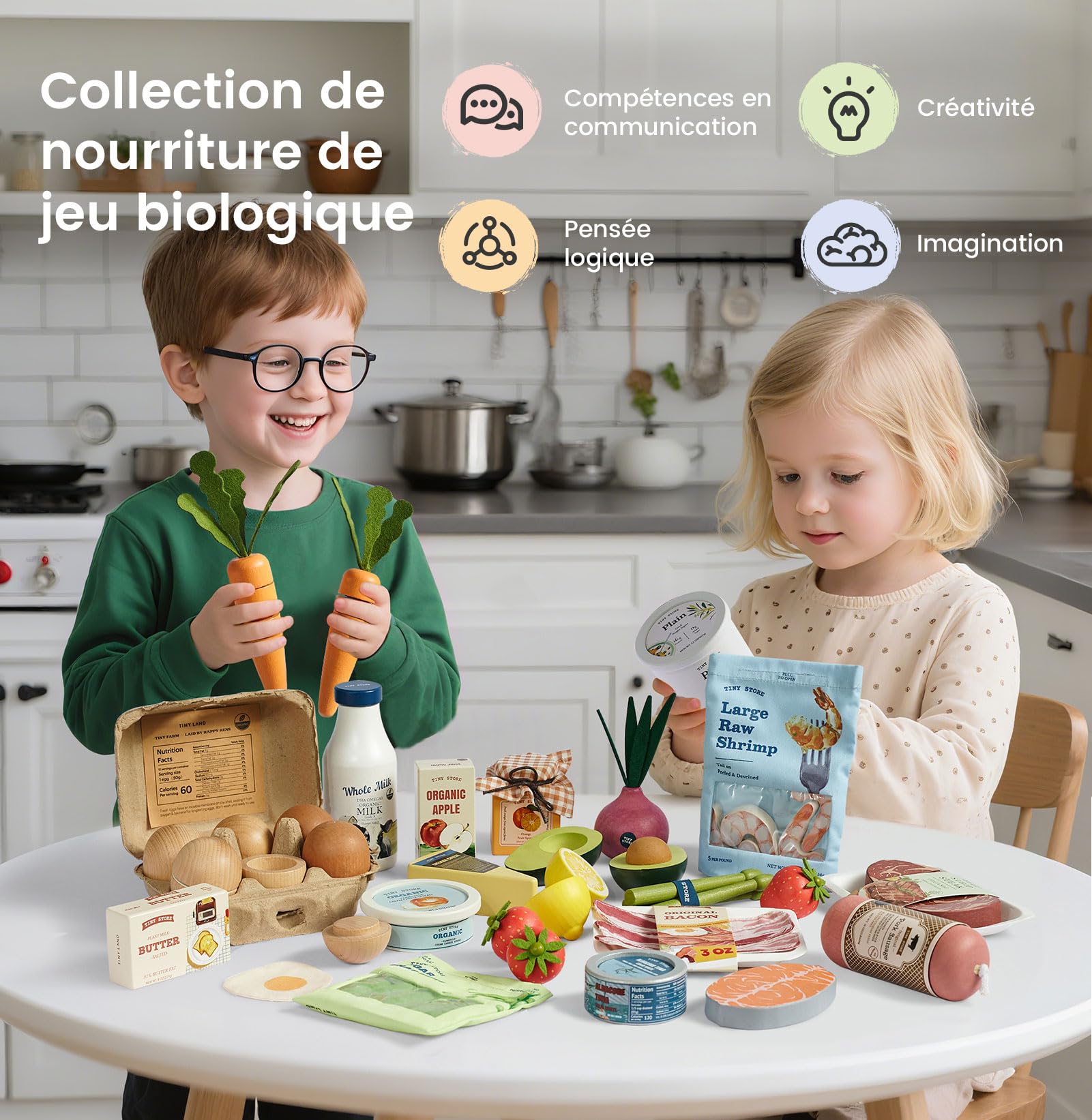 Tiny Land Dinette en Bois - Set de 7 Aliments Jouet avec Lait Jus Fromage | Kit Accessoire Cuisine Enfant, Jeu d'Imitation Montessori, Cadeau pour Fille et Garçon 2 Ans+