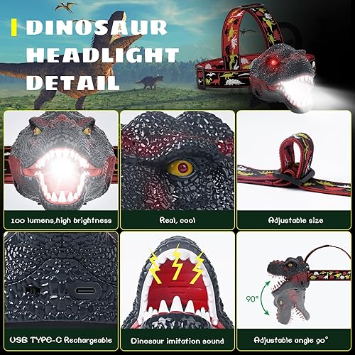 Miniatura 5 de Dysaim Linterna frontal para niños, linterna de dinosaurio para niños, lámpara de cabeza LED, linterna de equipo de camping, accesorios de