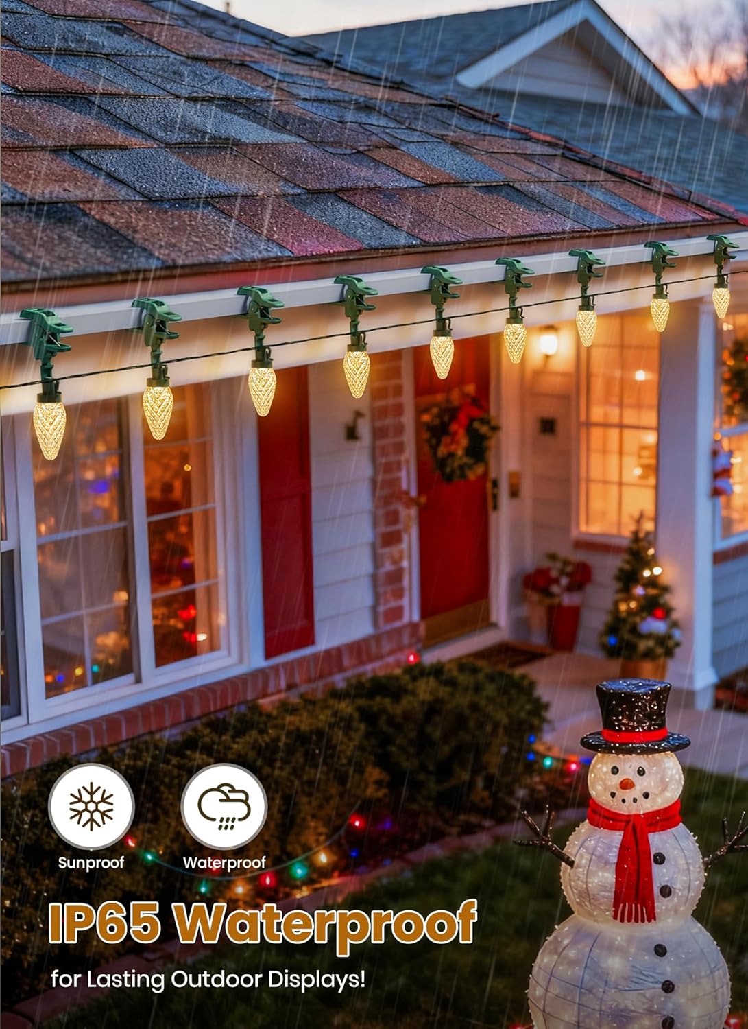 C9 LED Christmas Lights Outdoor, 66 Feet 100 LED C9 String Lights with 100 Spring Clips, Waterproof Connectable Christmas Tree Lights for Outside Roofline Patio Home Xmas Decor, Warm White 2 Pack Warm White 136 Ft