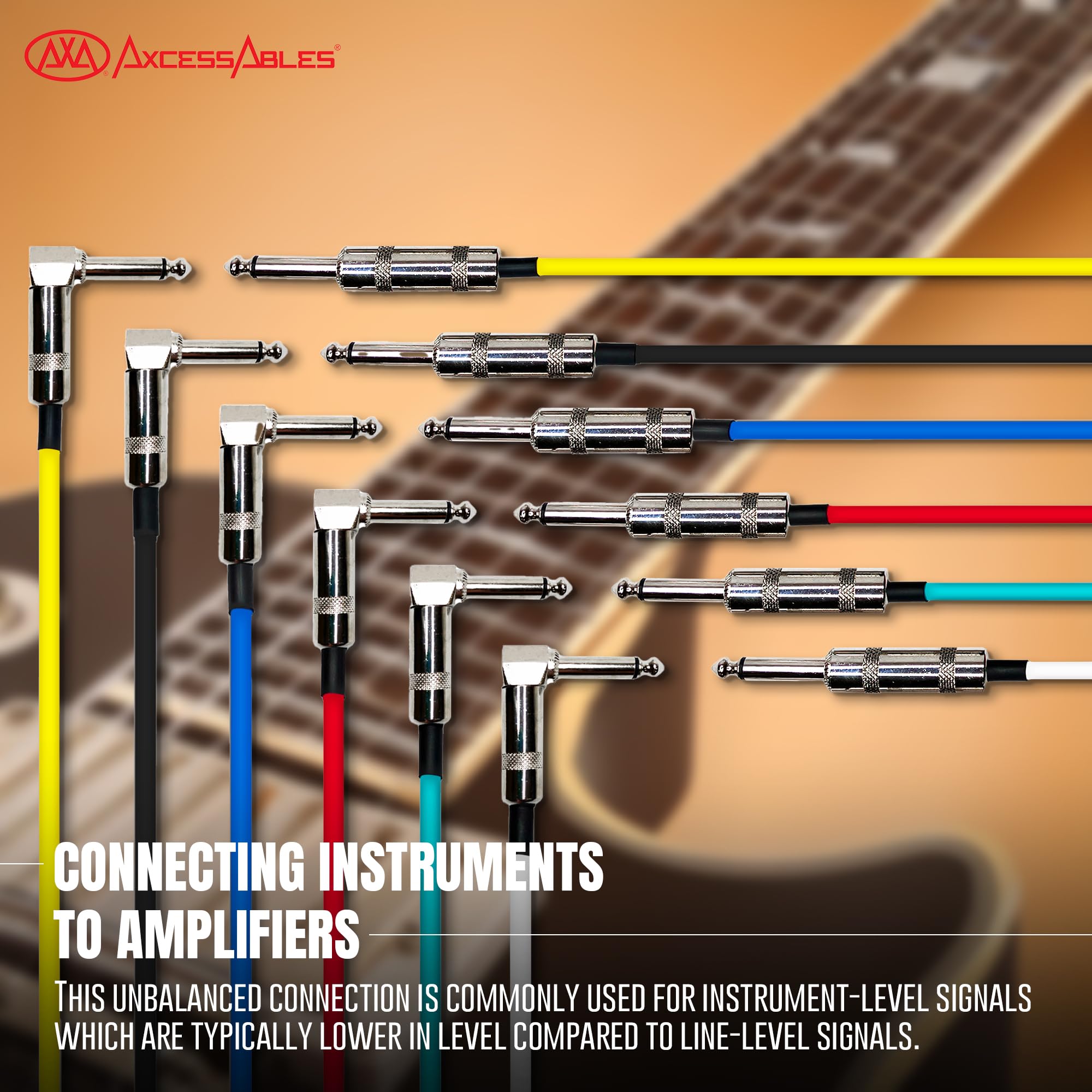 AxcessAbles - Cables de amplificador de ángulo recto de 1/4 pulgadas para bajo y guitarra eléctrica, alambre de cobre OFC de alta calidad, cable de instrumento recto TS de 3 pies a 1/4 de pulgada