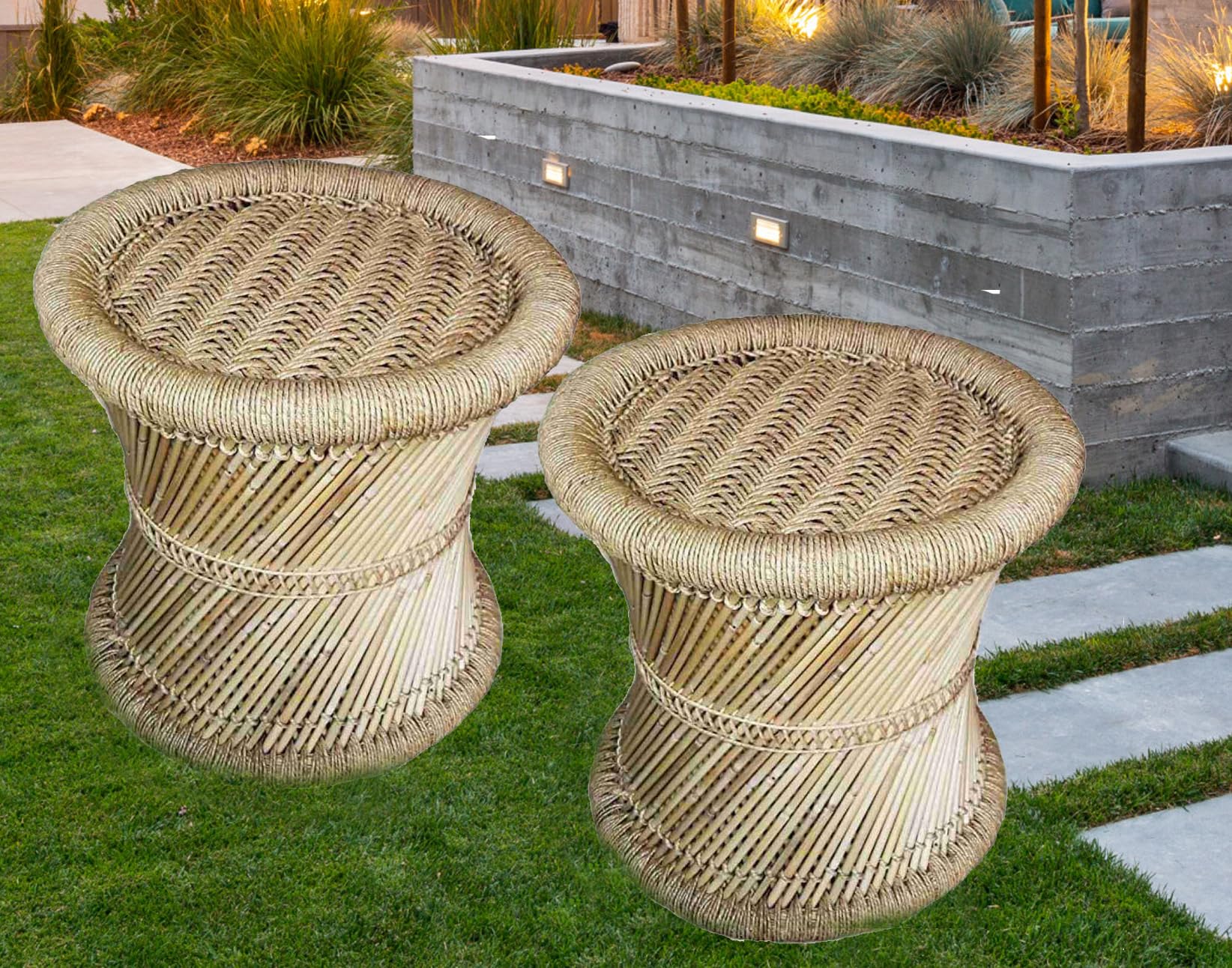 RCLV Natural & Handmade Bamboo Stool Beige Color Wave Design with Size of-2, 14X14-image-26