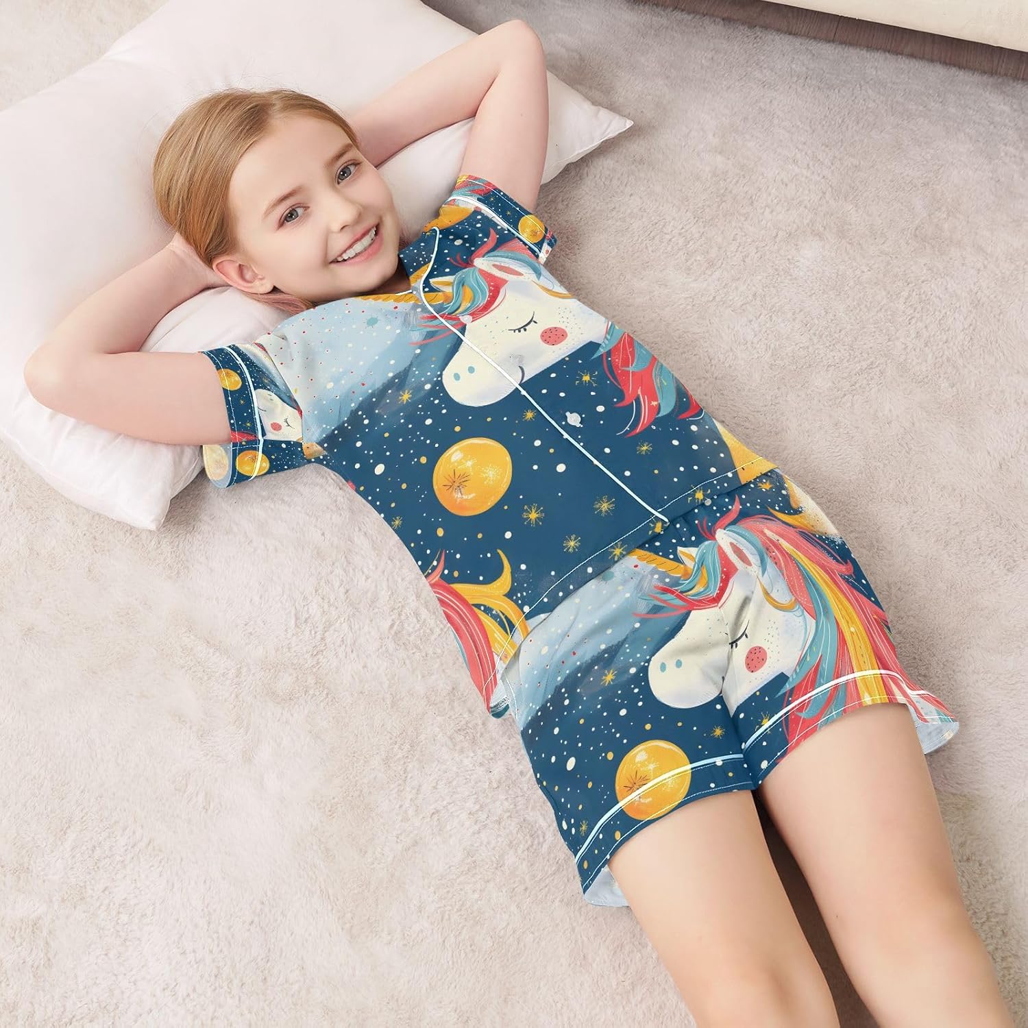 senya Unicorns Face The Moon Satin Summer Pajama Sets Silk Short Sleeve Button Down Sleepwear