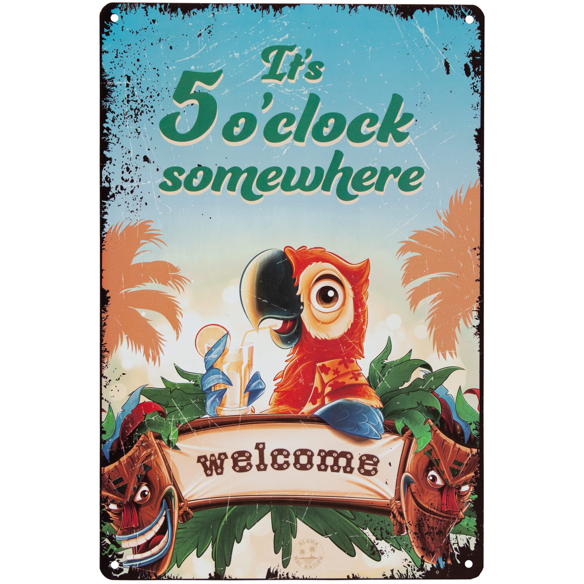 Aloha Nui Nation Tiki Bar Sign, Tiki Bar Decorations Outdoor, It's 5 O'Clock Somewhere 8"x12", Tiki Decor, 4 screws incl, Tiki Bar Decor for Outside Patio, Tiki Signs
