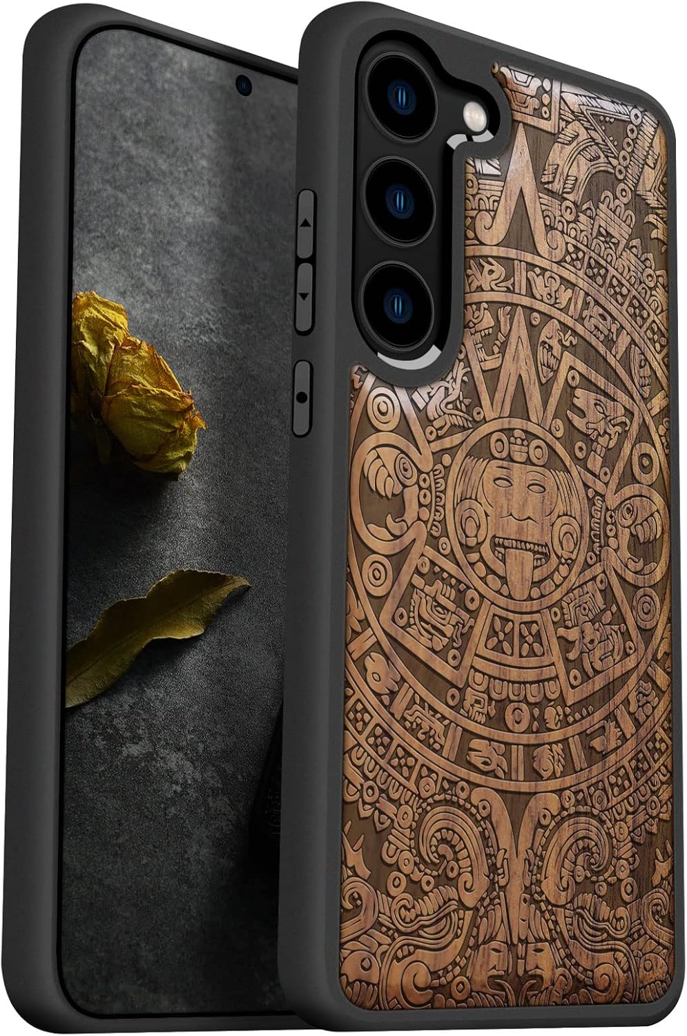 Carveit Wood Case for Galaxy S23 Case - Natural Wood & Black Soft TPU Shockproof Protective Cover - Unique & Classy Wooden Design - Compatible with Samsung S23 (Maya Calendar-Walnut)