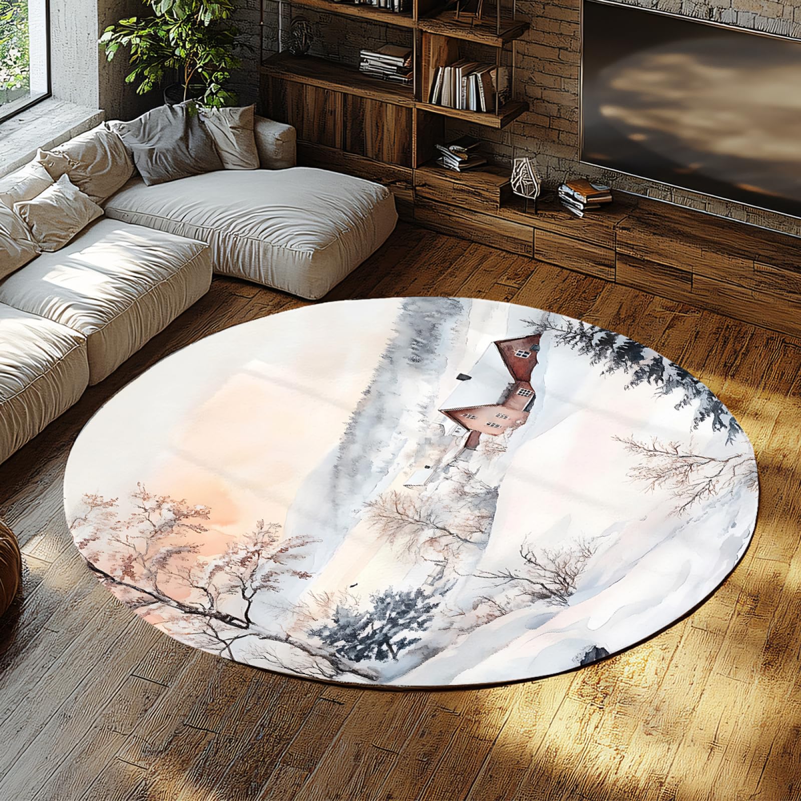 Pin et montagnes enneigées : grand tapis de chambre doux style chalet d'hiver