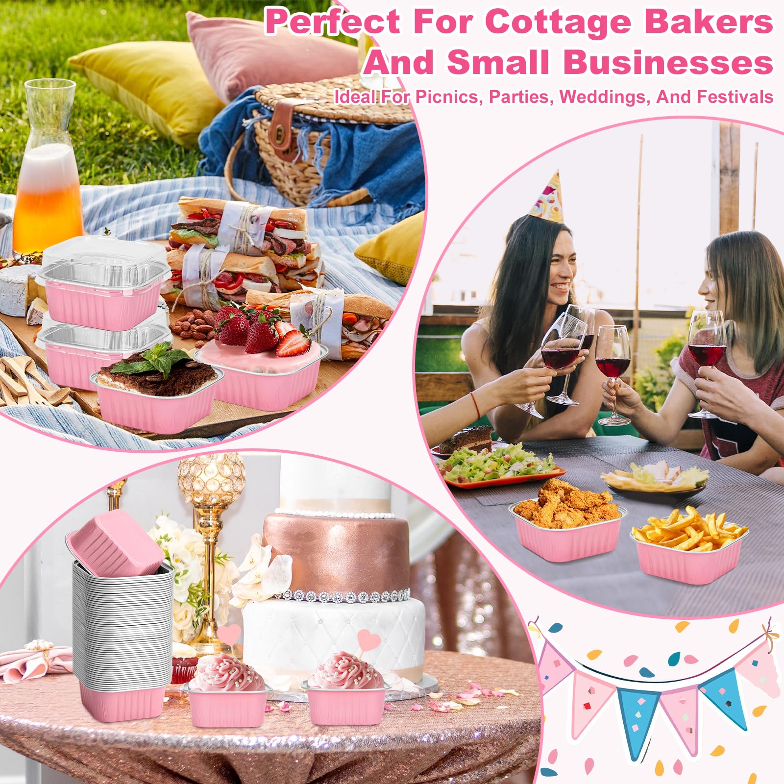 Mini-Kuchenformen mit Deckel und Löffeln, 142 ml, quadratische Aluminiumfolie, Kastenformen, Rosa, kleine Kuchenformen, Einweg-Backformen, Dessert-Cupcake-Becher mit Schleifen-Aufklebern, für Hochzeit
