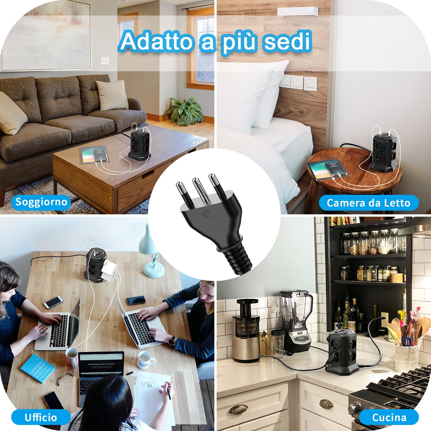 TOPREK Pionowe gniazdo wtykowe z 8 uniwersalnymi gniazdami ITA 10/16A i Schuko i 2 USB C i 2 USB A (1 20 W PD3.0 Szybkie ładowanie), kabel 5 m, 4000 W/16 A, listwa zasilająca z przełącznikiem, wtyczka