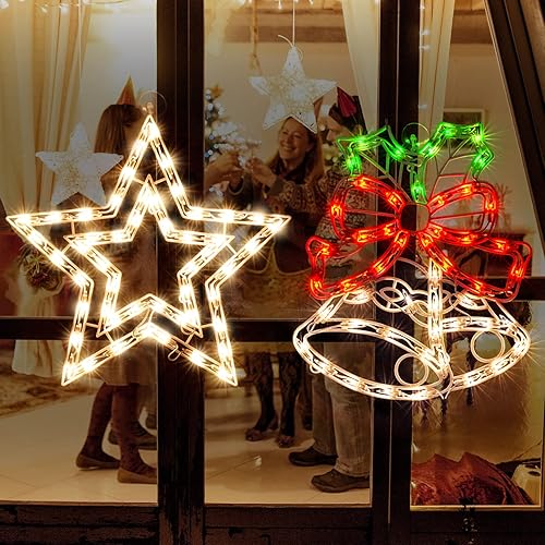 LAMPHOME Campana iluminada y estrella de Navidad, silueta de ventana, decoración de luces de Navidad para Navidad, fiesta, hogar, patio, césped,