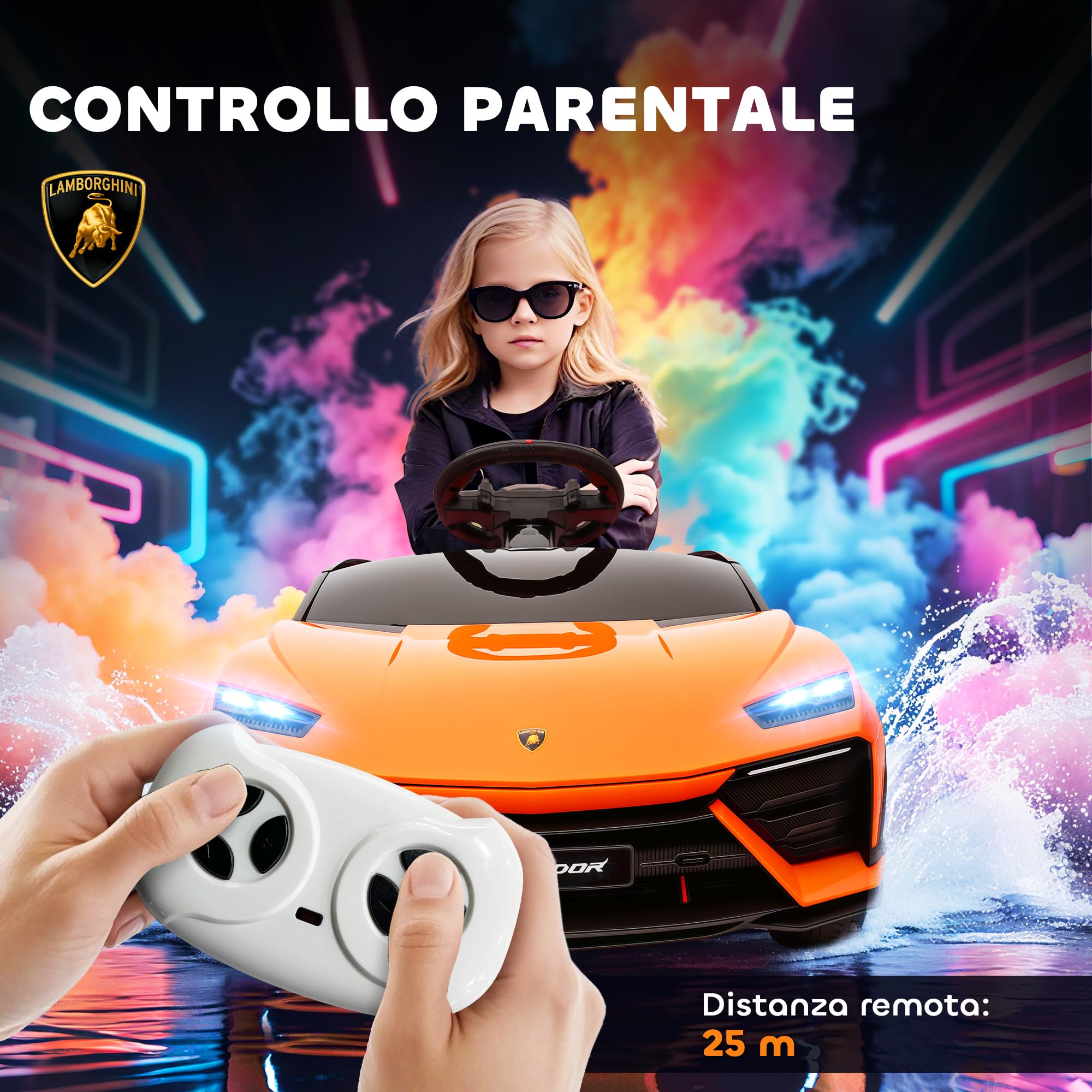 AIYAPLAY Macchina Elettrica per Bambini 3-8 Anni Lamborghini con Porte a Forbice, 12V Auto Elettrica per Bambini con 2 Motori, Sospensioni, Telecomando, MP3, Musica, Rotelle e Maniglia, Arancione