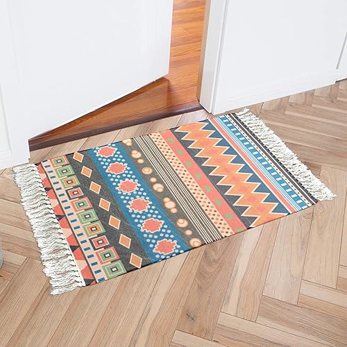 Miniatura 5 de ABREEZE Juego de 2 alfombras de algodón de 2 x 3 pies + 2 x 4 pies 4 pulgadas, alfombras de algodón bohemias tejidas a mano con borlas, alfombra de