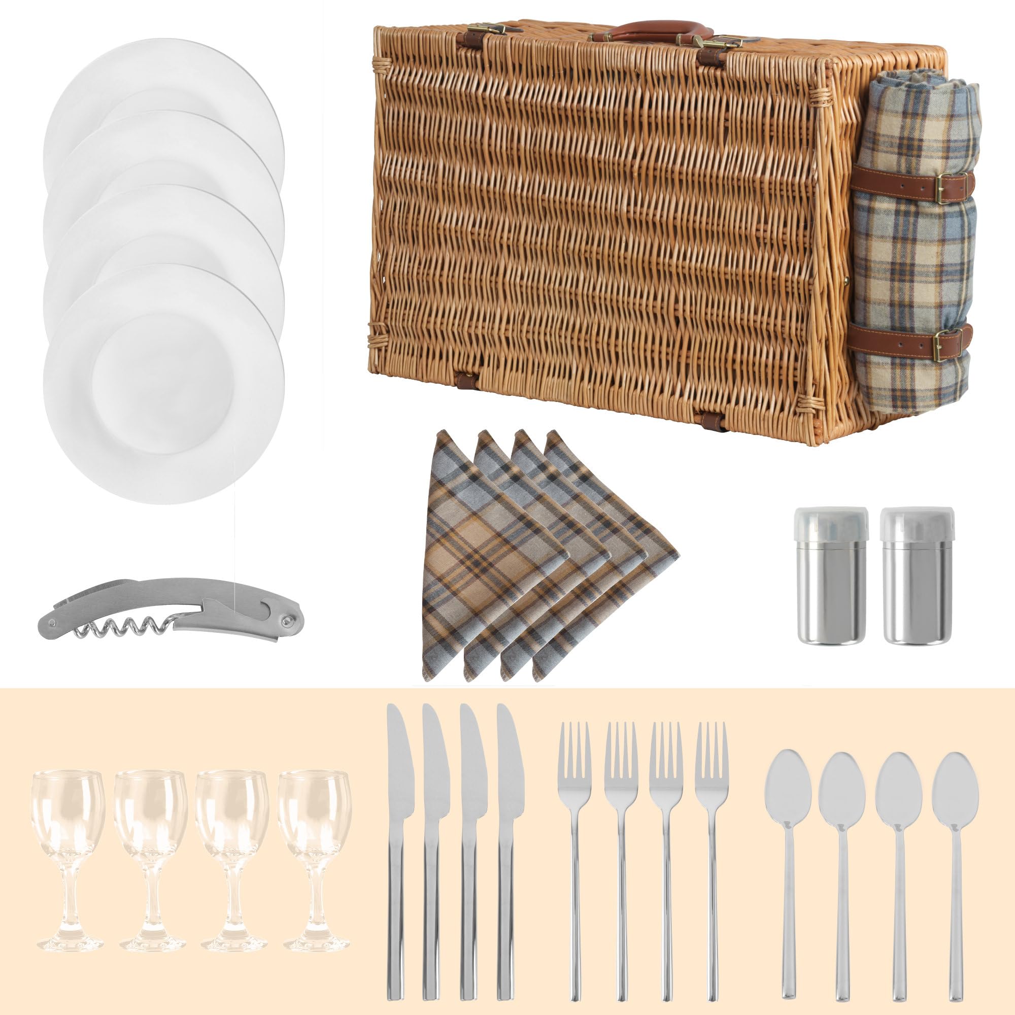 CampFeuer Cesta de Mimbre para Picnic con Vajilla y Compartimento Refrigerador | 4 Personas | 29 Piezas | Set de Picnic con Platos de Cerámica, Cubiertos, Copas y Cuchillo de Camarero