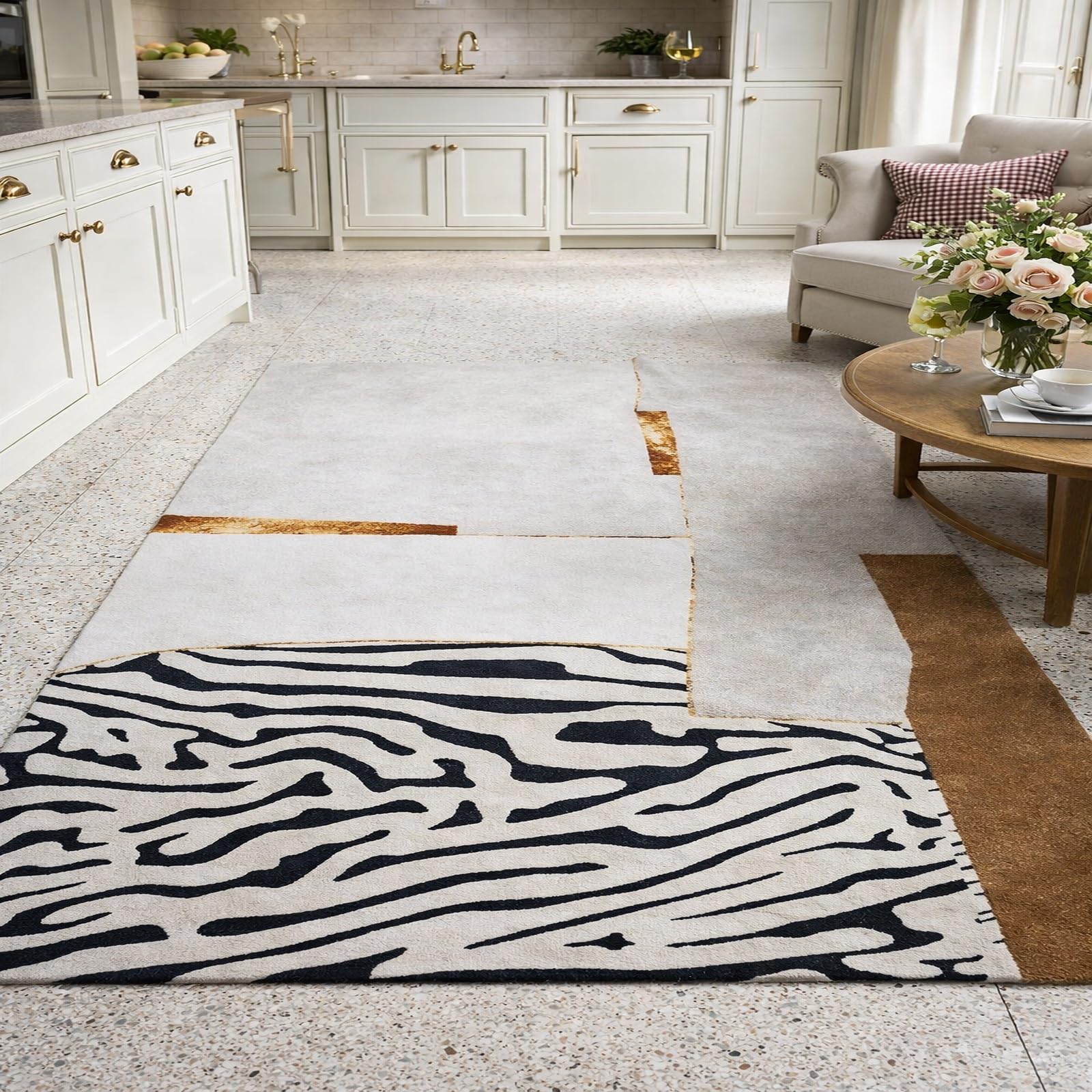 Tapis de sol intérieur extérieur 180x180 cm lavable moderne gris jaune marron