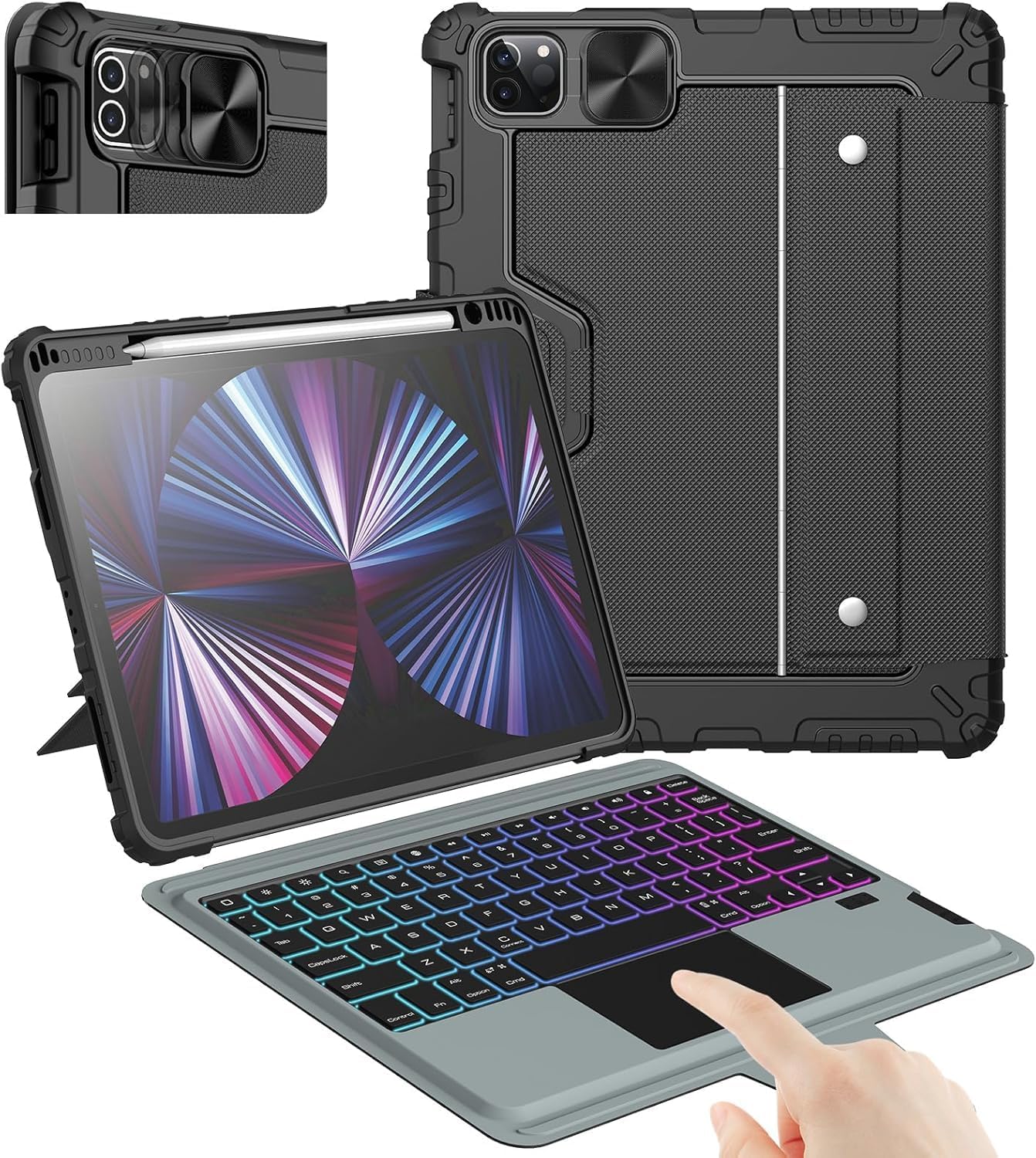 Bumper Combo Keyboard Backlit Version Case Designed For Apple iPad Air 11 2024/10.9 2020/Air 4/Air 5/Pro 11 2020/2021/2022, Pen Holder/Shockproof Cover/Stand/Trackpad/keyboard - Black