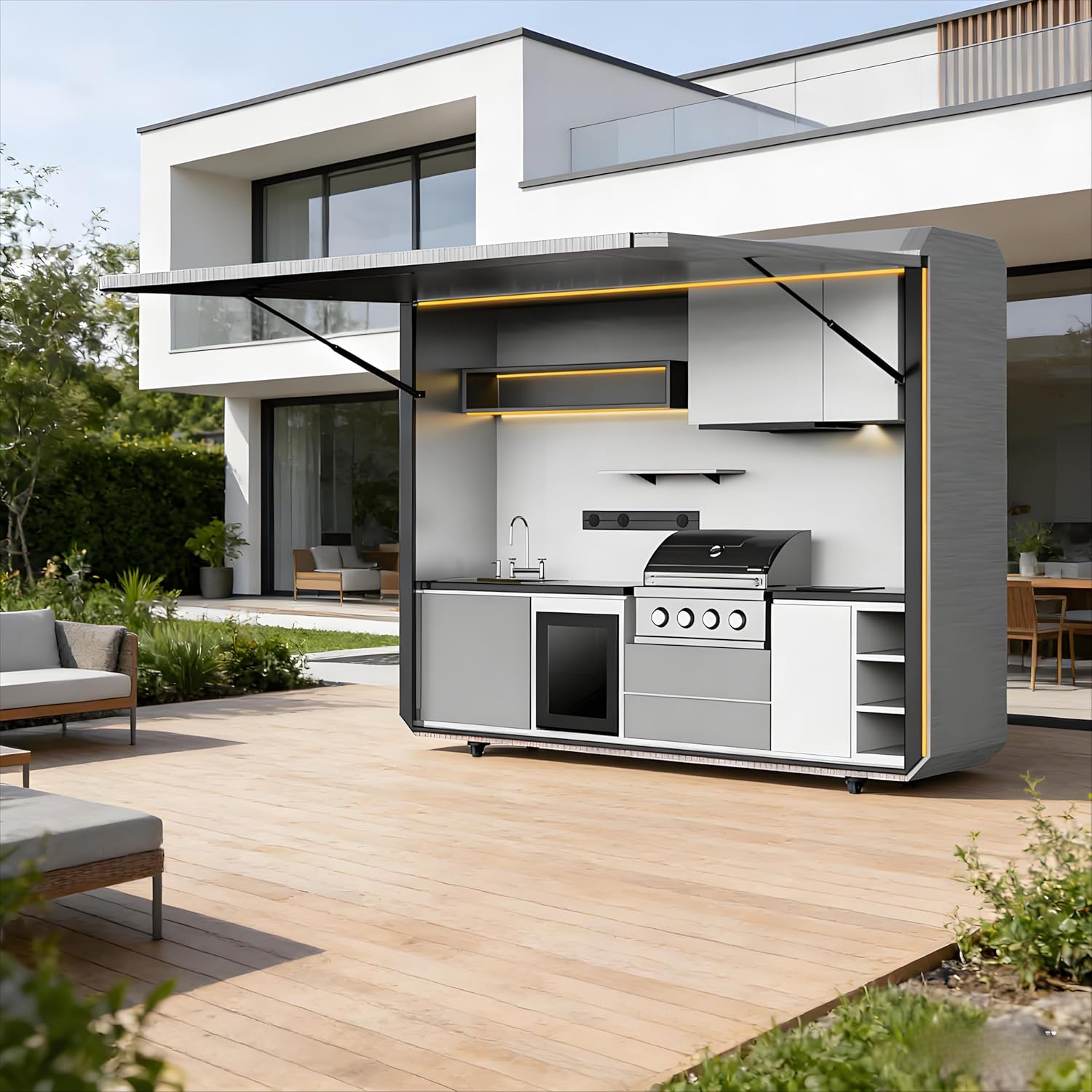 Patio Kitchen Island Modular BBQ Grill Station Stainless Steel Outdoor Cooking Island for Backyard Deck, Weatherproof Rust Resistant Outdoor Grill Island with Sink Prep Counter Storage for Home Use