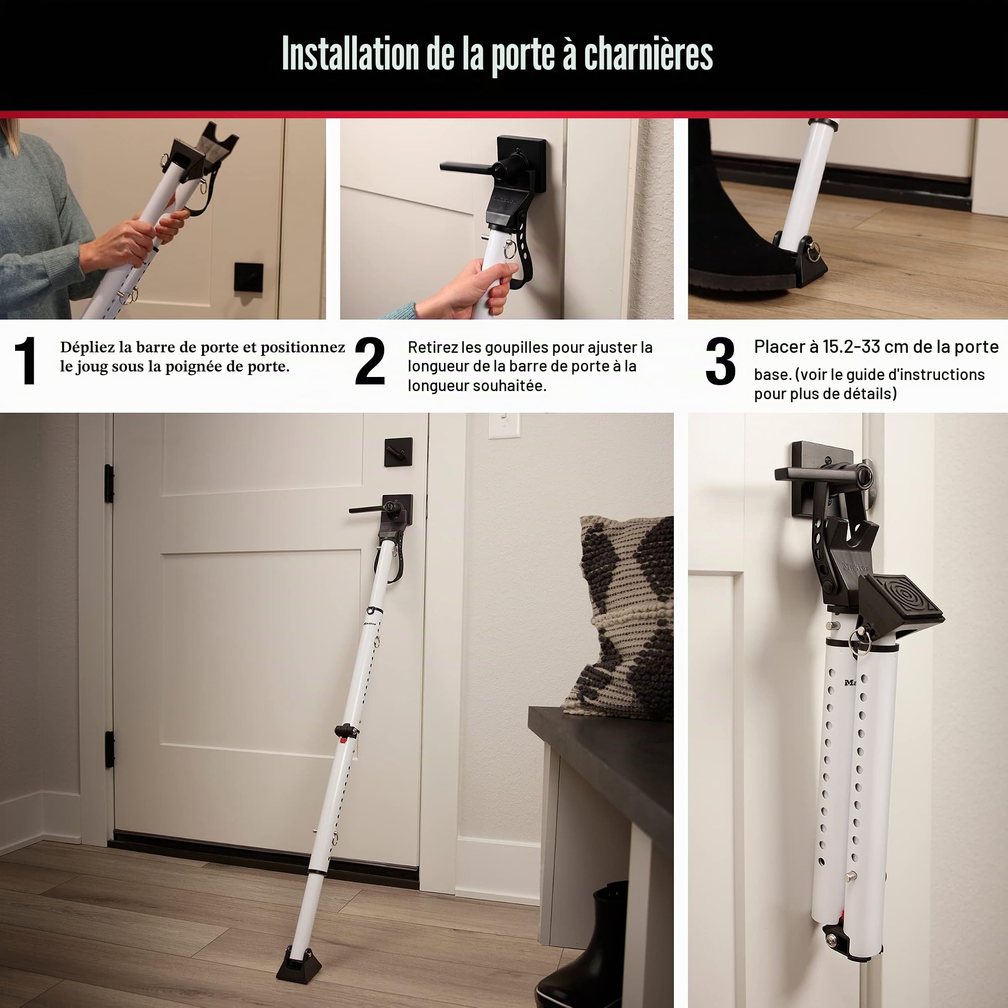 Master Lock Butée de porte compacte avec barre de sécurité pliable, réglable pour portes battantes et coulissantes, blanc
