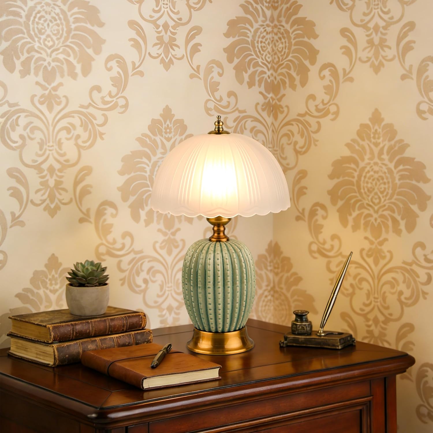 15.7" Vintage Ceramic Small Table Lamp, Green Cactus Retro Bedside Lamp with Scalloped Glass Shade, 3-Color Dimmable Nightstand Light for Bedroom & Living Room, Home Decor, Bulb Included