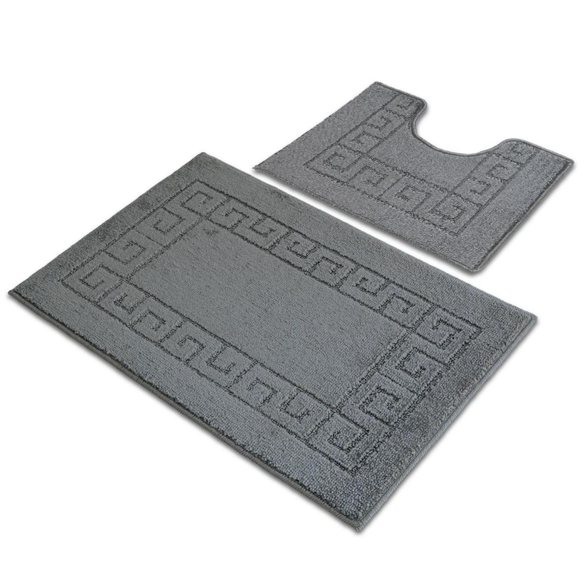 Greek Key Pattern Bath Mats 2 Piece Sets Non Slip Bathroom Mat, Soft Washable Rug Quick Dry Water Absorbent Bathroom Shower Mat & Pedestal Set (Charcoal)