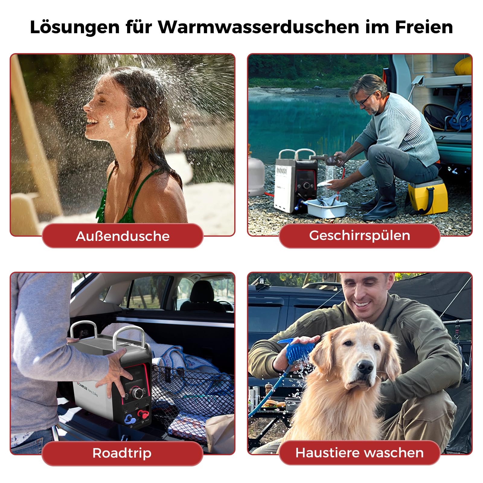 CAMPLUX Nano 3 Liter Gasdurchlauferhitzer Mobiler mit Wasserpumpe & Griff, 12 Volt, 50mbar LPG, für Campingdusche, Nano 3 Pro-DE