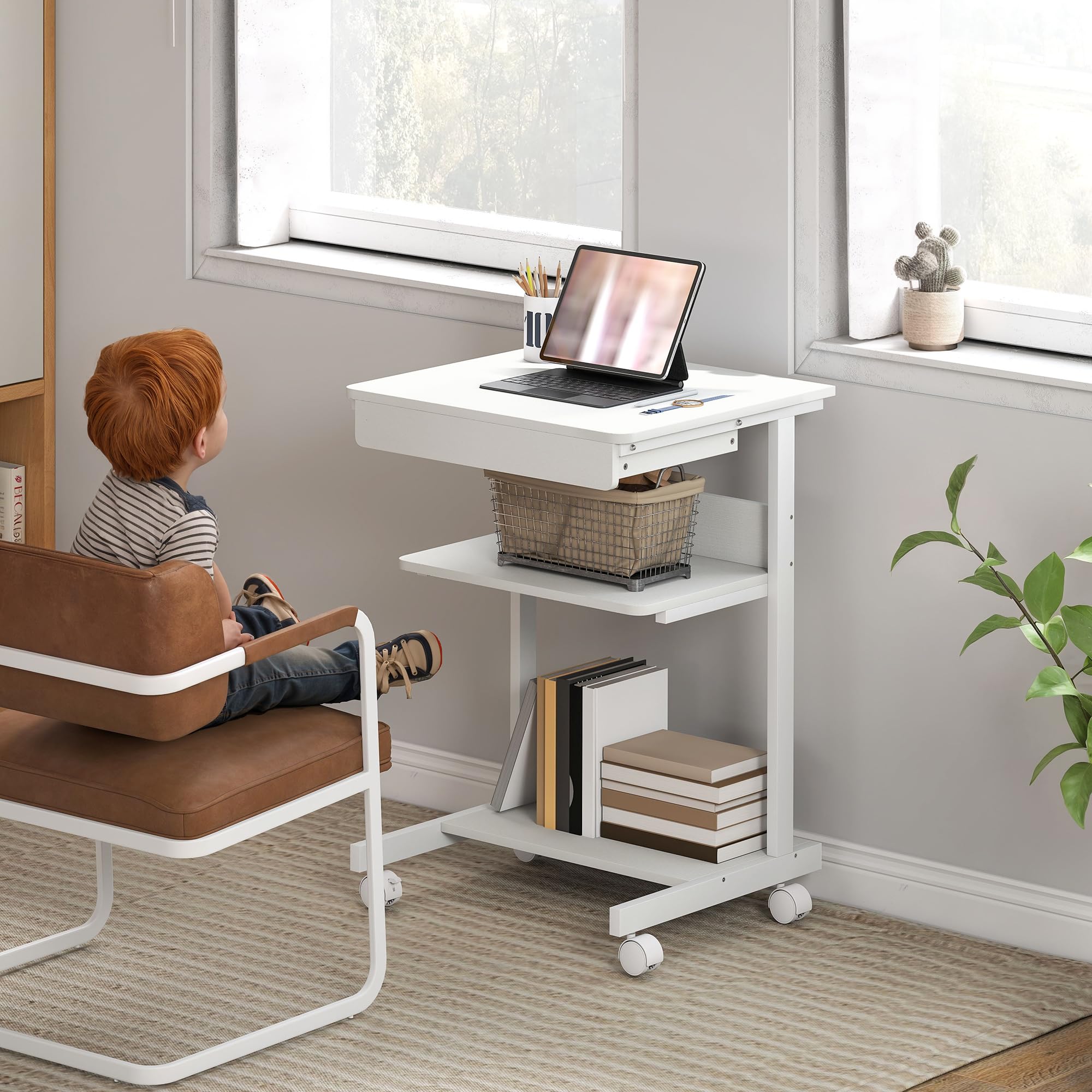 HOMCOM Scrivania per computer su ruote, scrivania con spazio 56 x 51 cm con cassetto, scomparto e supporto per CPU, tavolo da computer per studio per piccoli spazi camera da letto, bianco