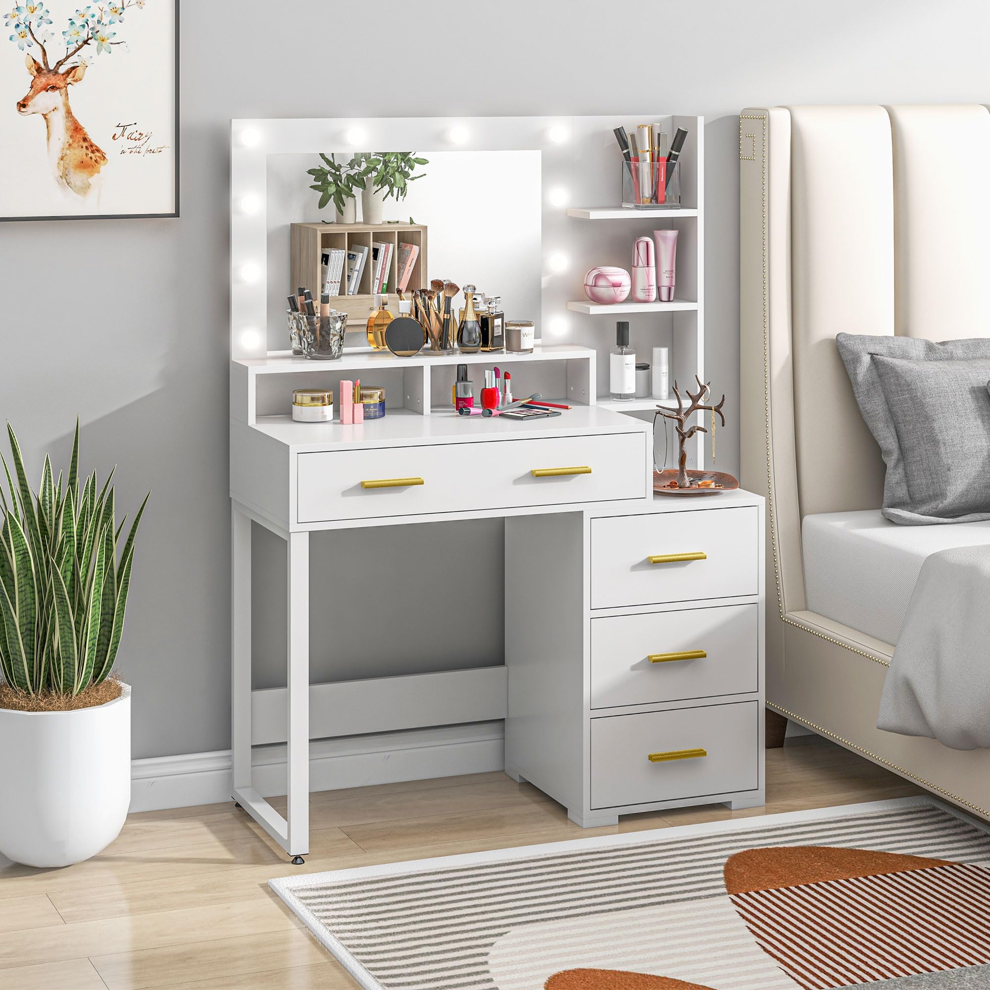 HOMCOM Postazione Trucco con Luci LED con 4 Cassetti 100x40x138 cm Bianco | Tavolo Toeletta Moderno, per Camera da Letto, 6 Ripiani Aperti, Specchio, Toeletta Trucco