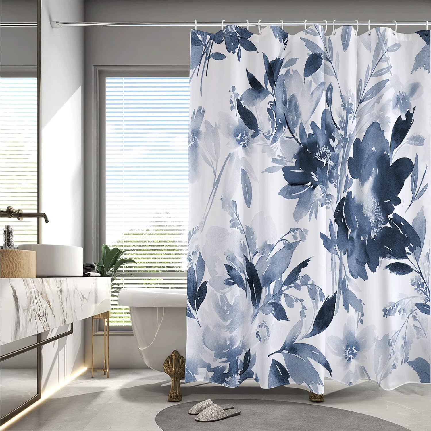 Decoreagy Blue Floral Shower Curtain Sets,Navy White Lush Flower Shower Curtains for Bathroom,Modern Ink Watercolor Flowers Plant Waterproof Fabric Stall Bath Curtain with 12 Hooks 72x72in : Home & Kitchen