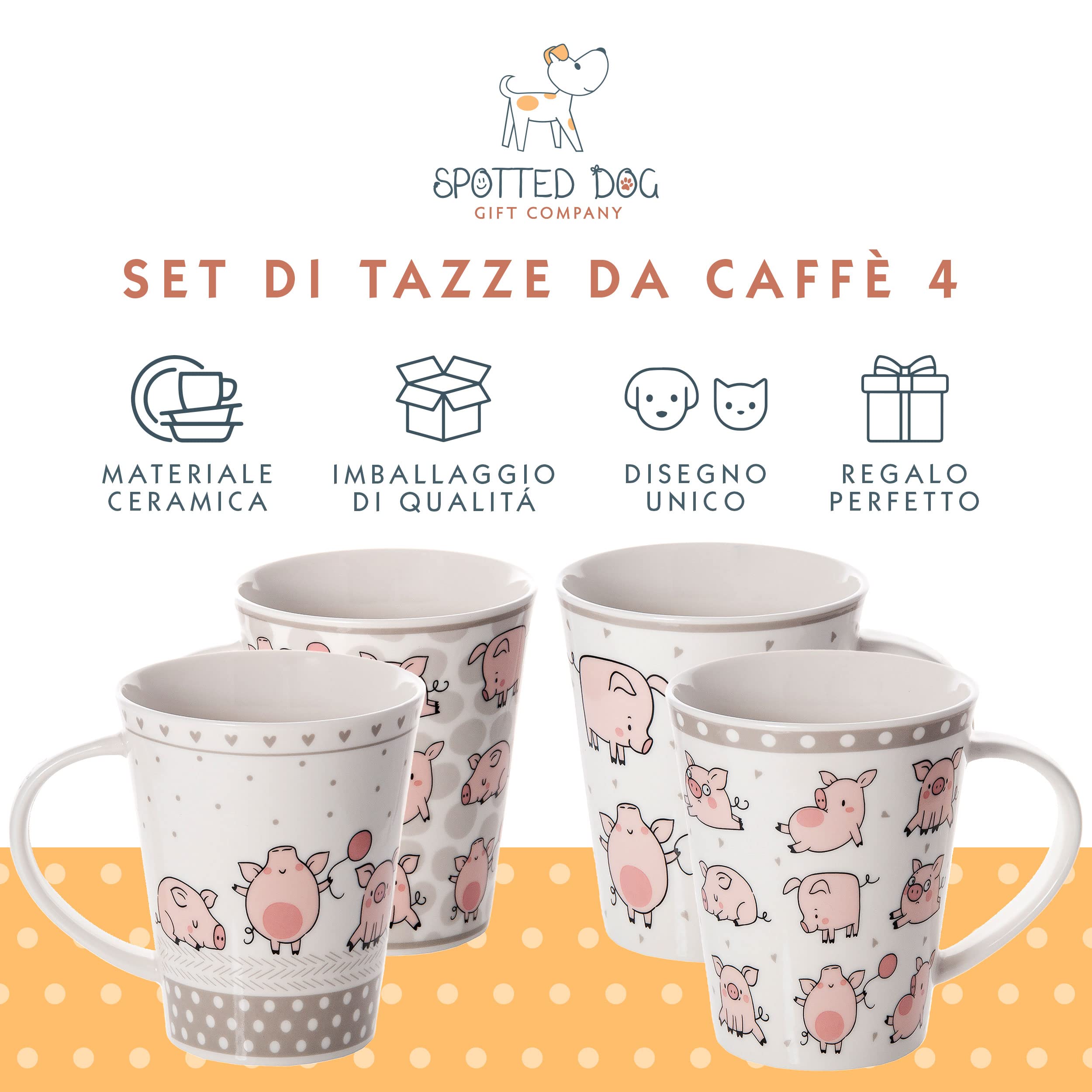 SPOTTED DOG GIFT COMPANY Set di 4 Tazze da Caffè in Ceramica 360 ml per Caffè e Tè, Tazze con Animali a Tema Maialino, Design Divertente e Carino, Regalo con Maialino
