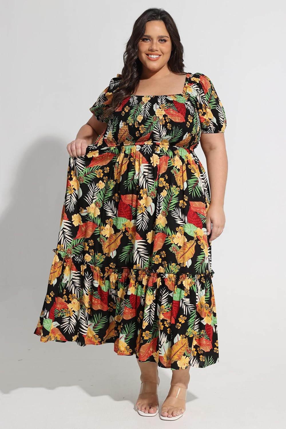 CARCOS Plus Size Dresses for Curvy Women Off Shoulder Square Neck Puff Sleeve Smocked Maxi Summer Dresses with Pocket XL-5XL - Image 5