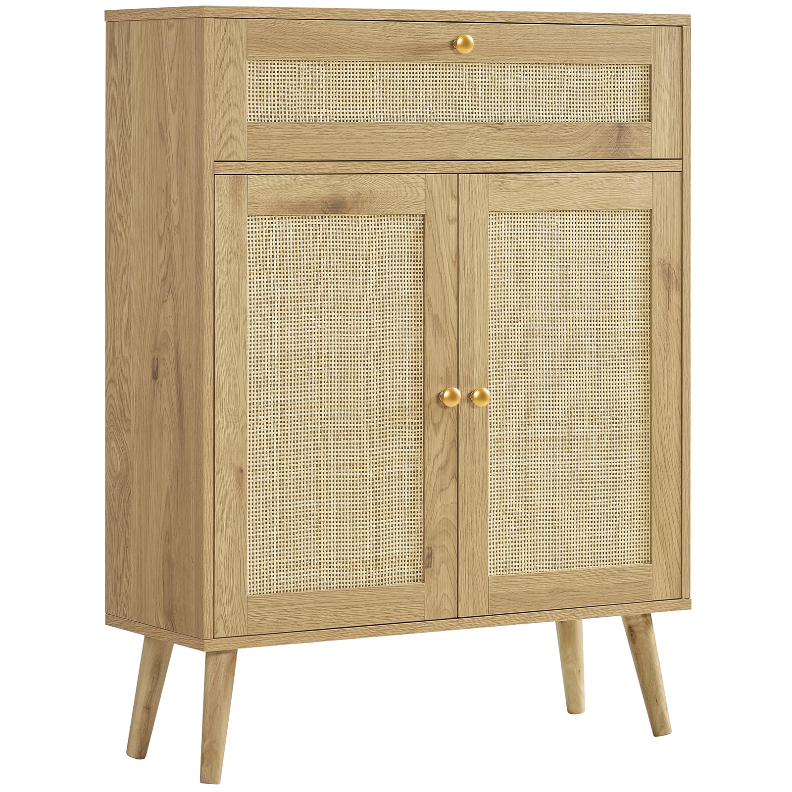 IwellStorage Cabinet with Adjustable Shelf, Rattan Cabinet with Large Drawer, Sideboard Bufffet Cabinets, Bathroom Storage Cabinets, Accent Cabinets for Entryway, Natural