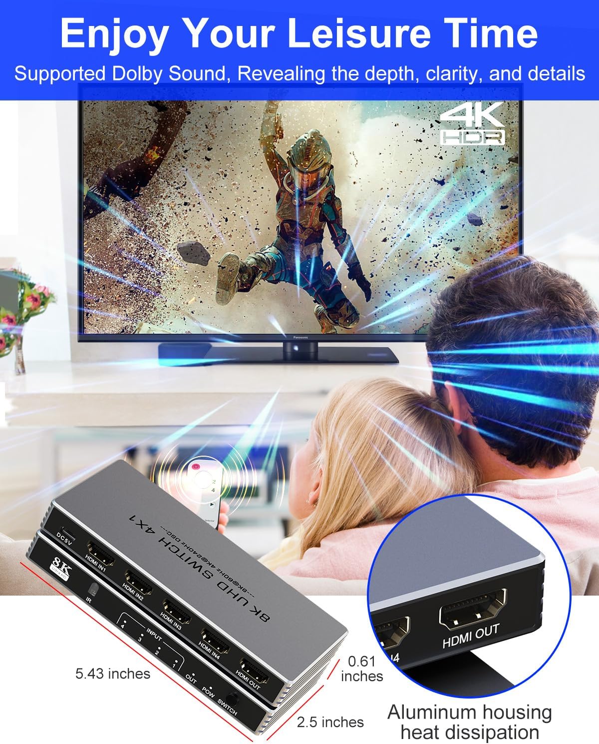 Hdmi Switcher 4 in 1 Out - New 8K@60Hz 4K@240Hz/144Hz/120Hz HDMI Splitter with Remote Support 3D/HDR/HDCP2.3, for PS5/4 Xbox Nintendo Switch Roku Apple TV Fire Stick 4 Port 8k HDMI2.1 Switch