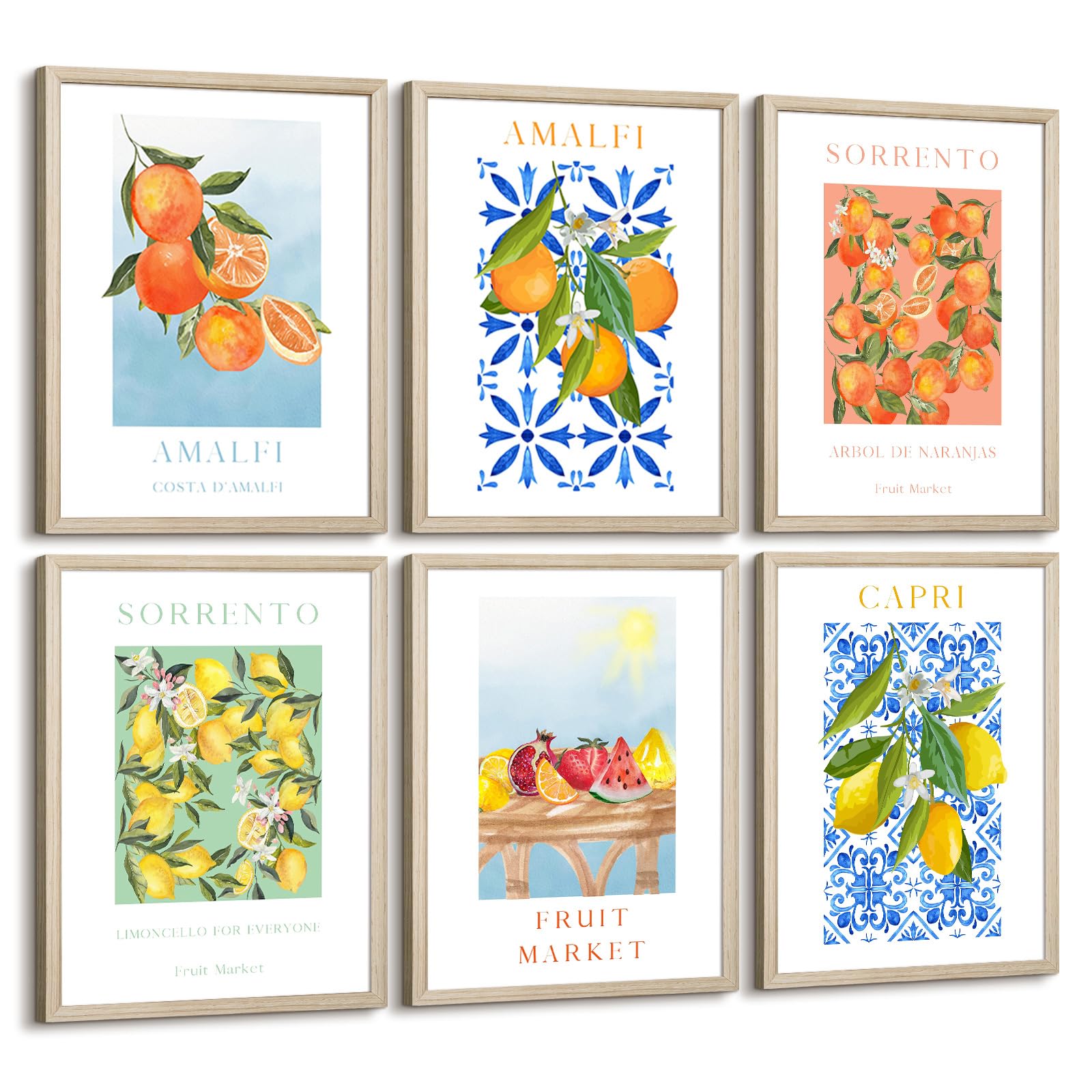 Fruit Wall Art Kitchen Artwork Wall Decor Fruit Market Prints Poster Colorful Lemon Canvas Wall Art Vintage Pictures Lemon Orange Prints Set of 6 for Room Bedroom 12x16 Inch Wood Framed