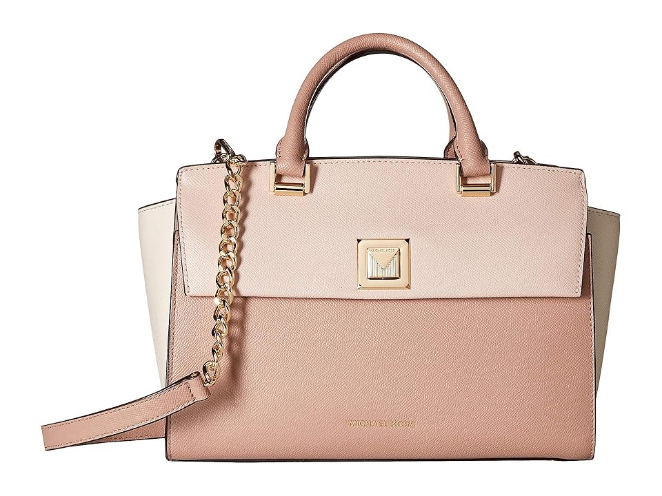 

MICHAEL Michael Kors Sylvia Medium Top Zip Satchel (Soft Pink/Light Cream/Fawn) Satchel Handbags