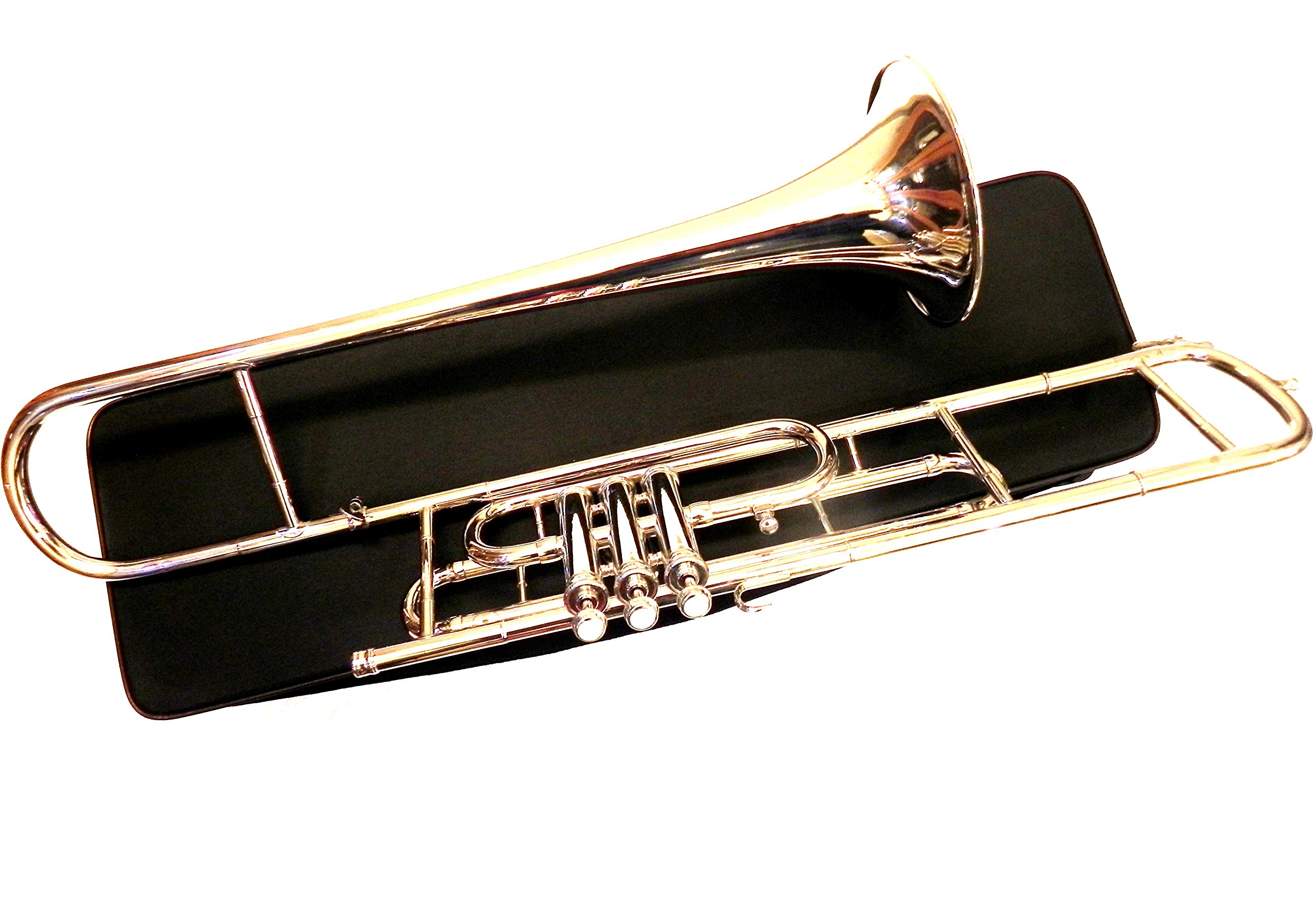 Trombón tenor Bb plateado de 3 válvulas para jugadores de trompeta cruzados con carcasa rígida de diseño