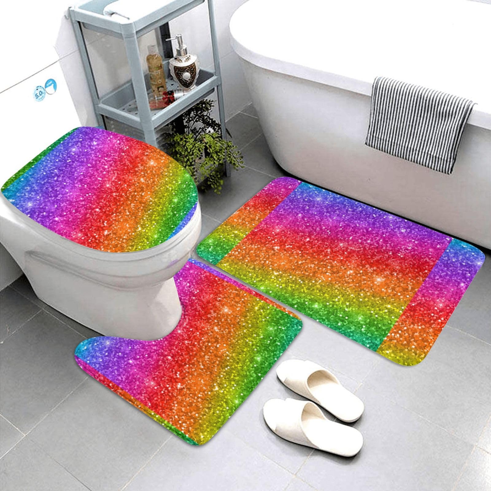 Farbenfrohes Glitzer-Badezimmerteppich-Set, 3-teilig, weich, 80 x 50 cm, rutschfest, extra weich, saugfähig, waschbar und trocken